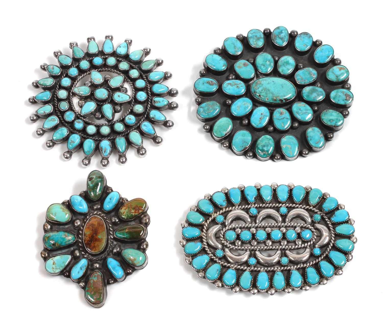 Four Southwestern Silver and Turquoise Brooches Diameter of largest 2 7/8 inches