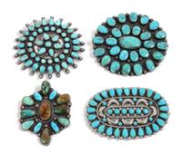 Four Southwestern Silver and Turquoise Brooches Diameter of largest 2 7/8 inches
