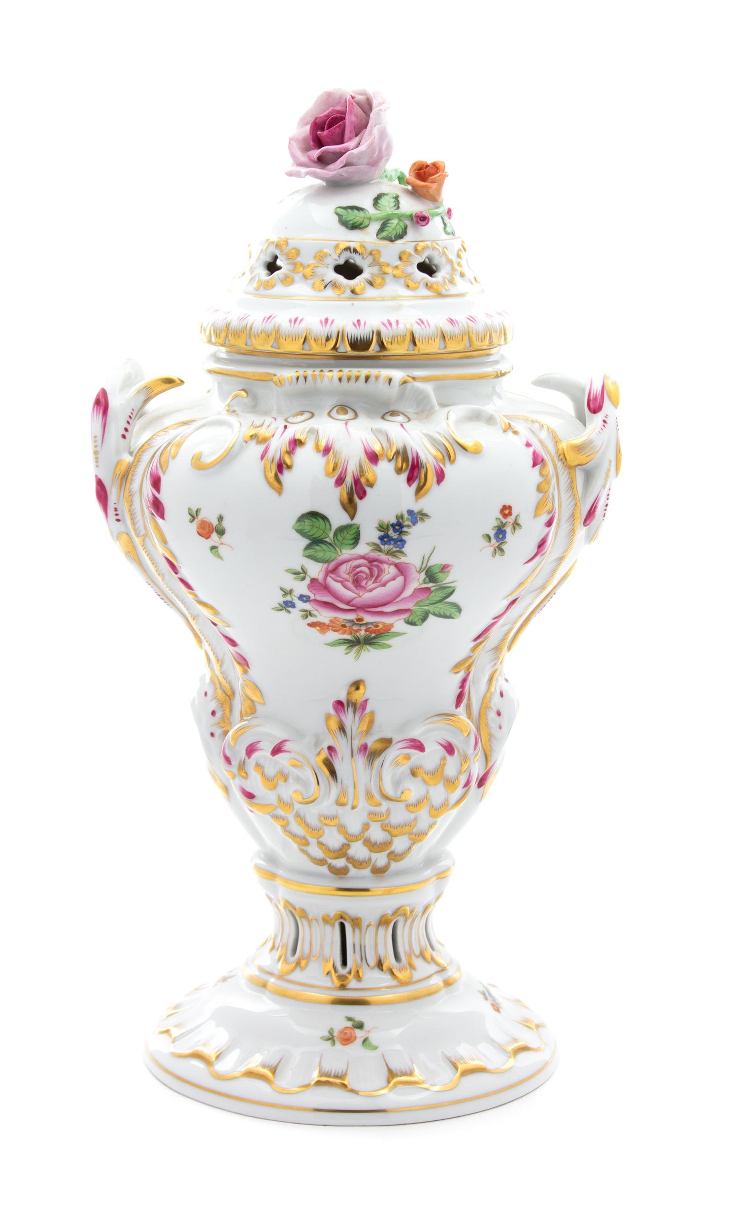 A Herend Hand Painted Porcelain Covered Urn Height 15 x width 7 1/2 x depth 7 inches. — 20TH CENTURY