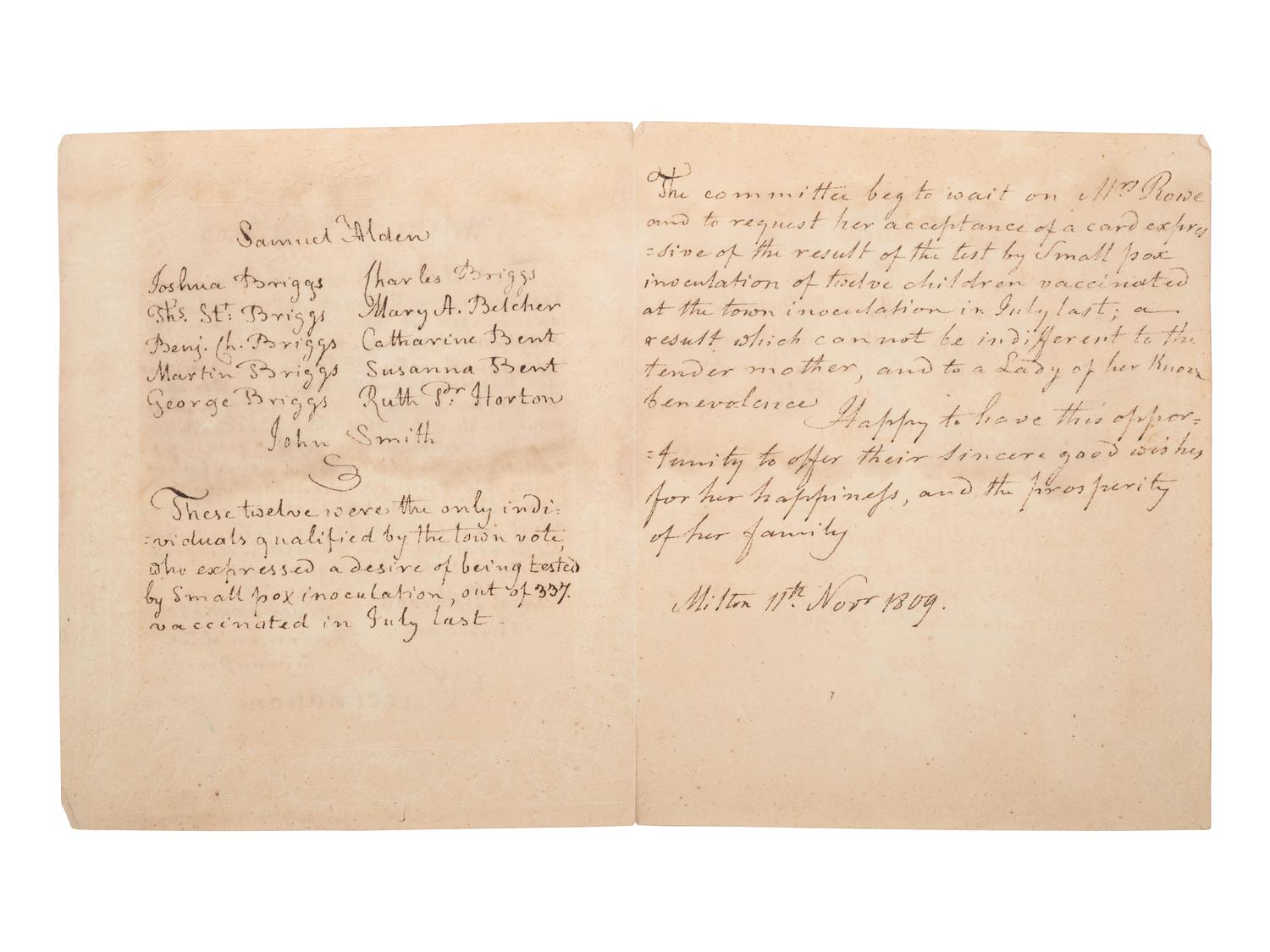 [VACCINATION]. Two early vaccination broadsides and a note from the "Chairman of the Committee for Vaccination" in Milton, Massachusetts, acknowledging participants in the town's 1809 vaccination campaign.