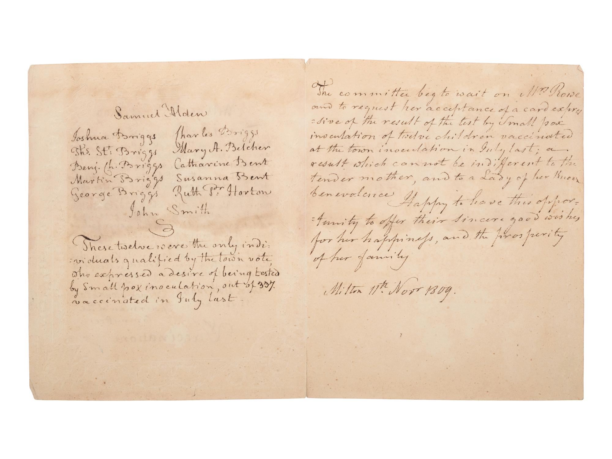 [VACCINATION]. Two early vaccination broadsides and a note from the "Chairman of the Committee for Vaccination" in Milton, Massachusetts, acknowledging participants in the town's 1809 vaccination campaign.