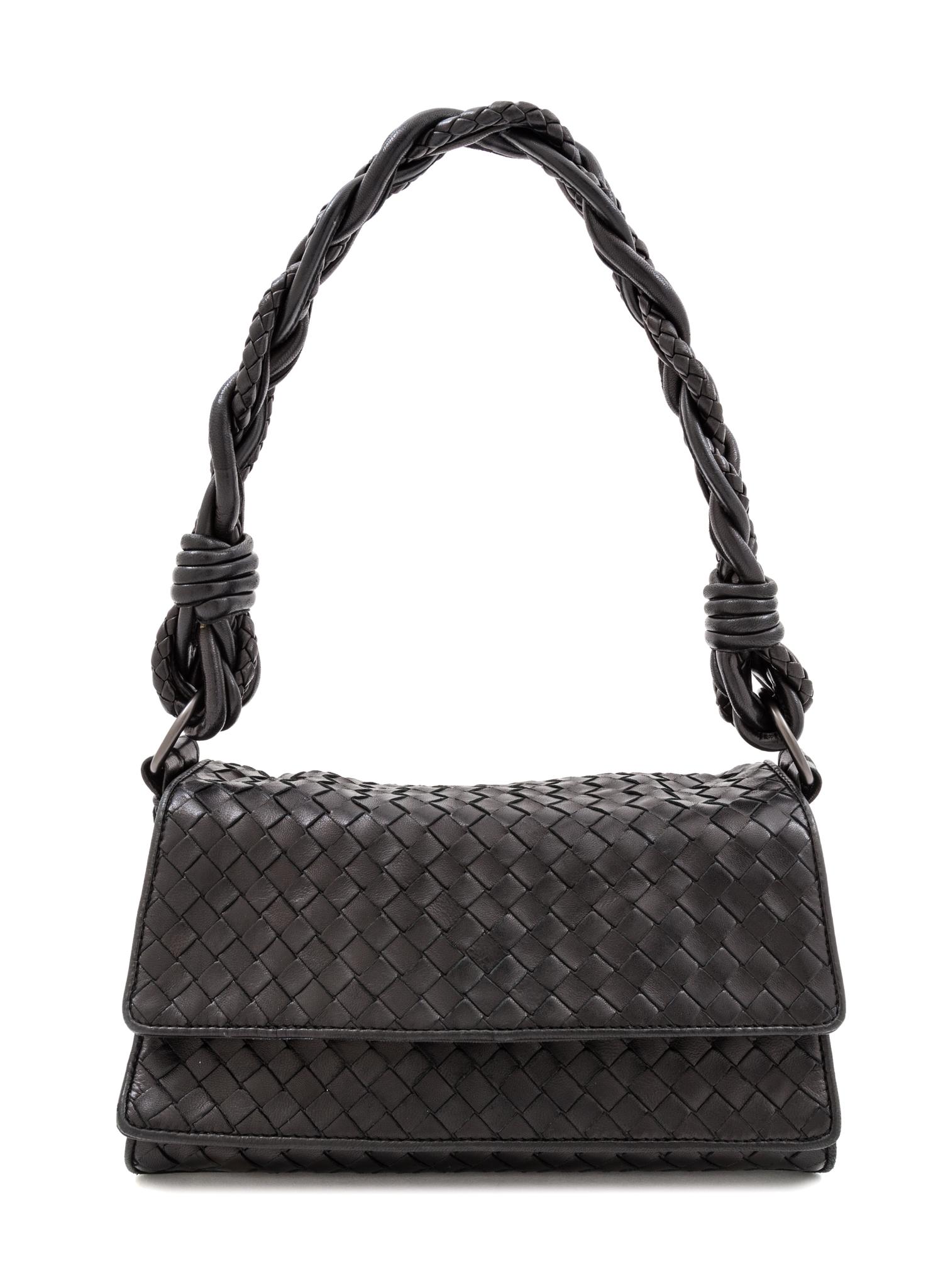 A Bottega Veneta Black Intrecciato Leather Double Flap Handbag, 10" x 7" x 4"; Strap drop 9''.
