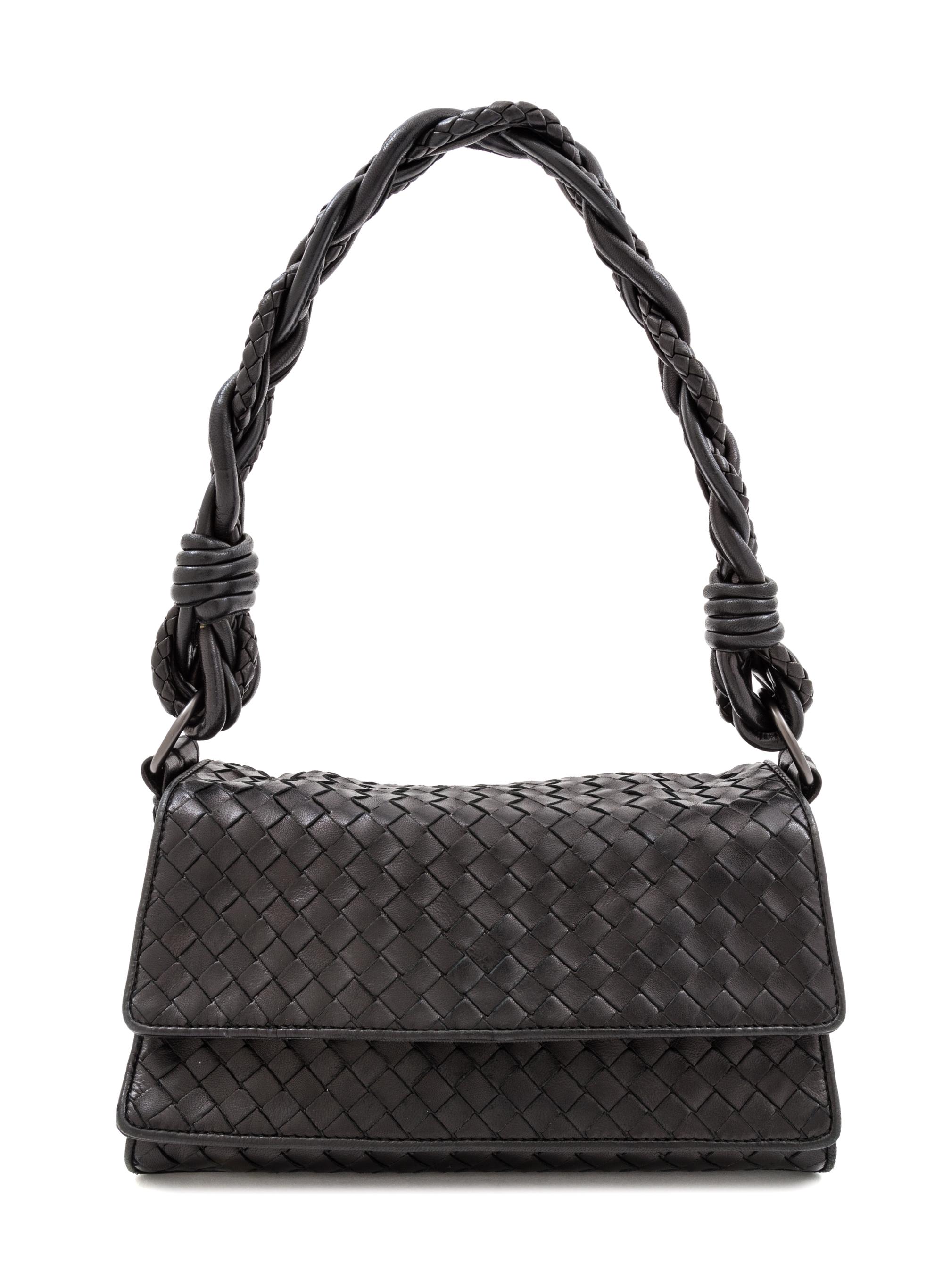 A Bottega Veneta Black Intrecciato Leather Double Flap Handbag, 10" x 7" x 4"; Strap drop 9''.