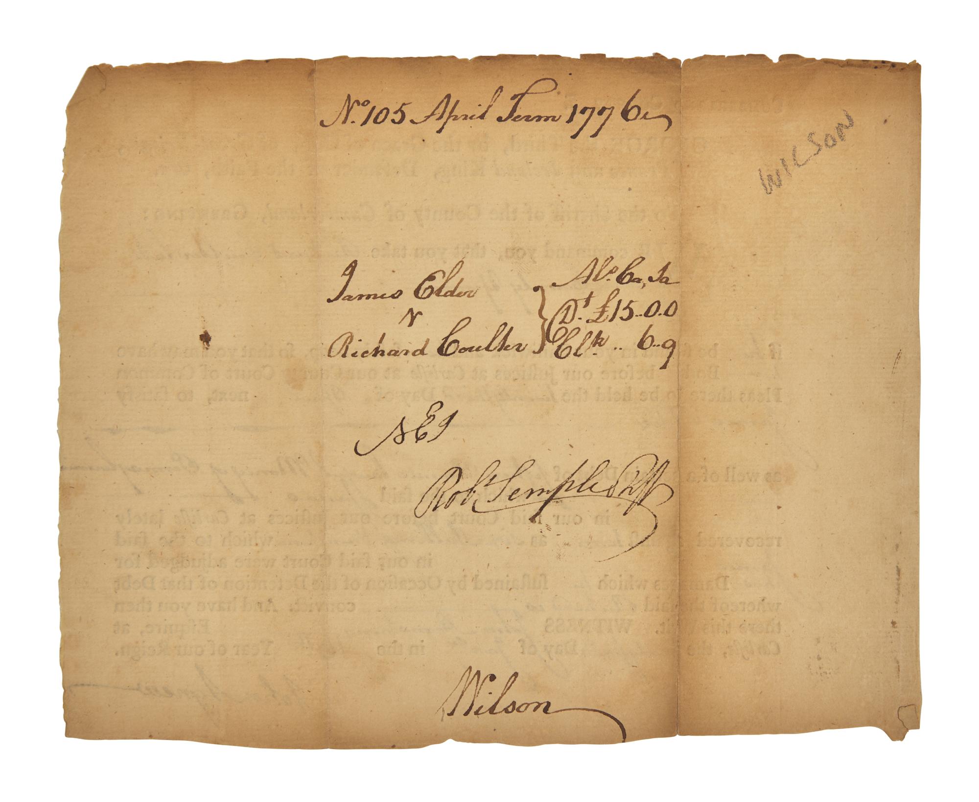 [Americana] [Declaration of Independence] Wilson, James. Partially-Printed Document, signed