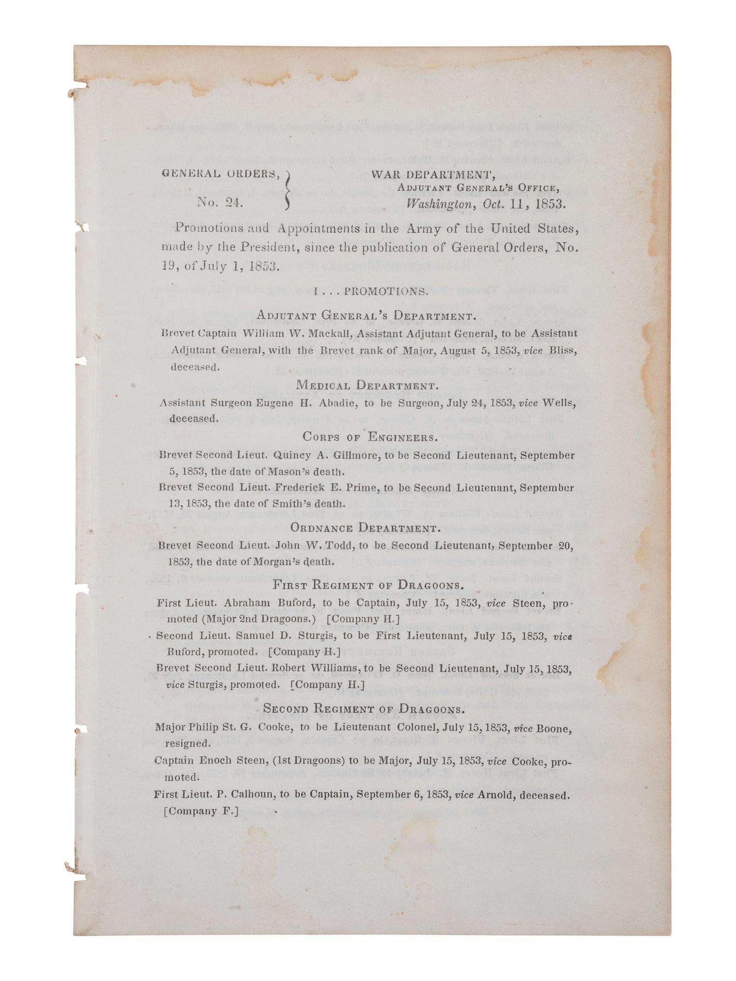 [CIVIL WAR]. War Dept. General Orders, No. 24, signed by future CSA General Samuel Cooper. 1853.