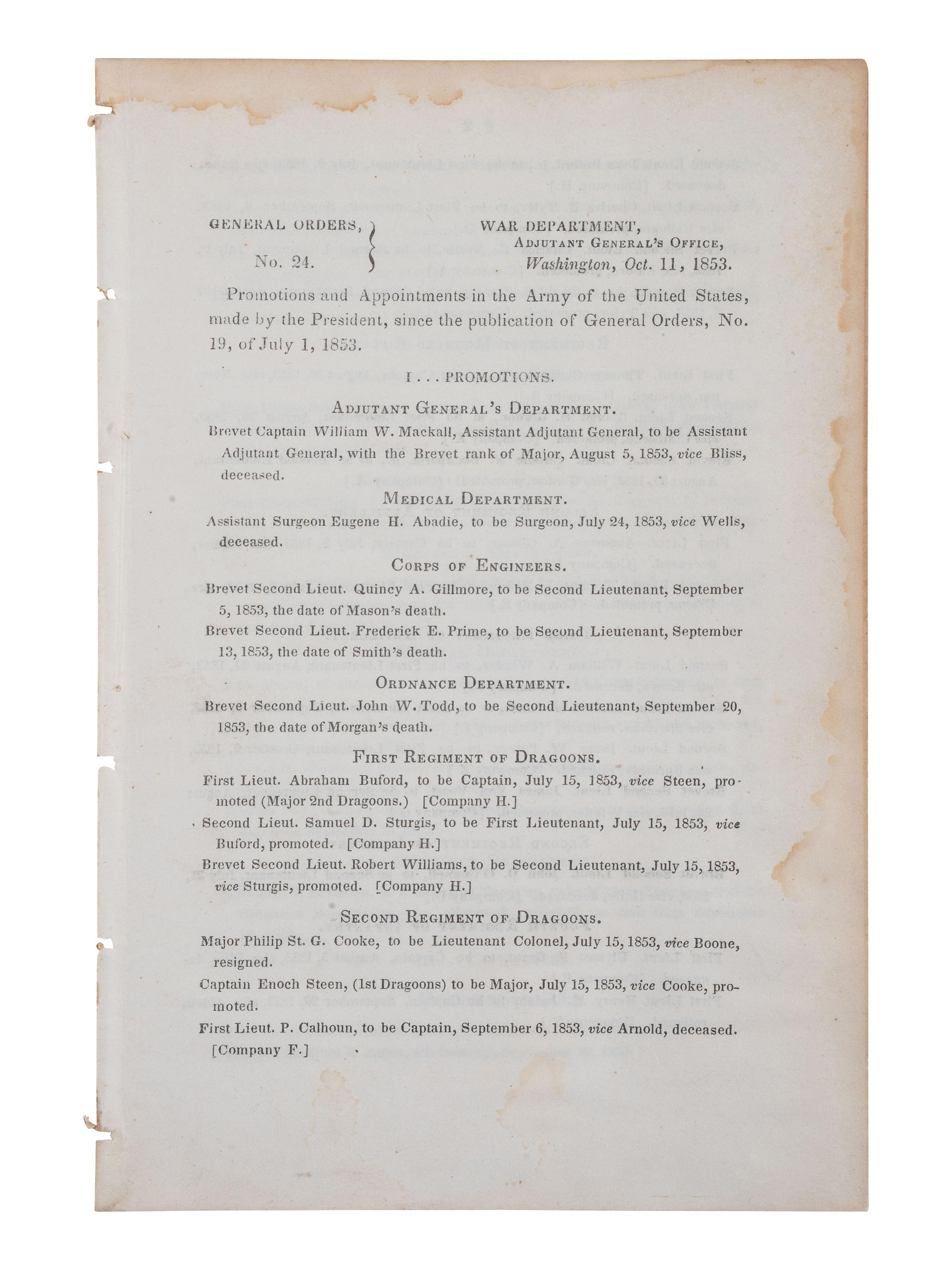 [CIVIL WAR]. War Dept. General Orders, No. 24, signed by future CSA General Samuel Cooper. 1853.