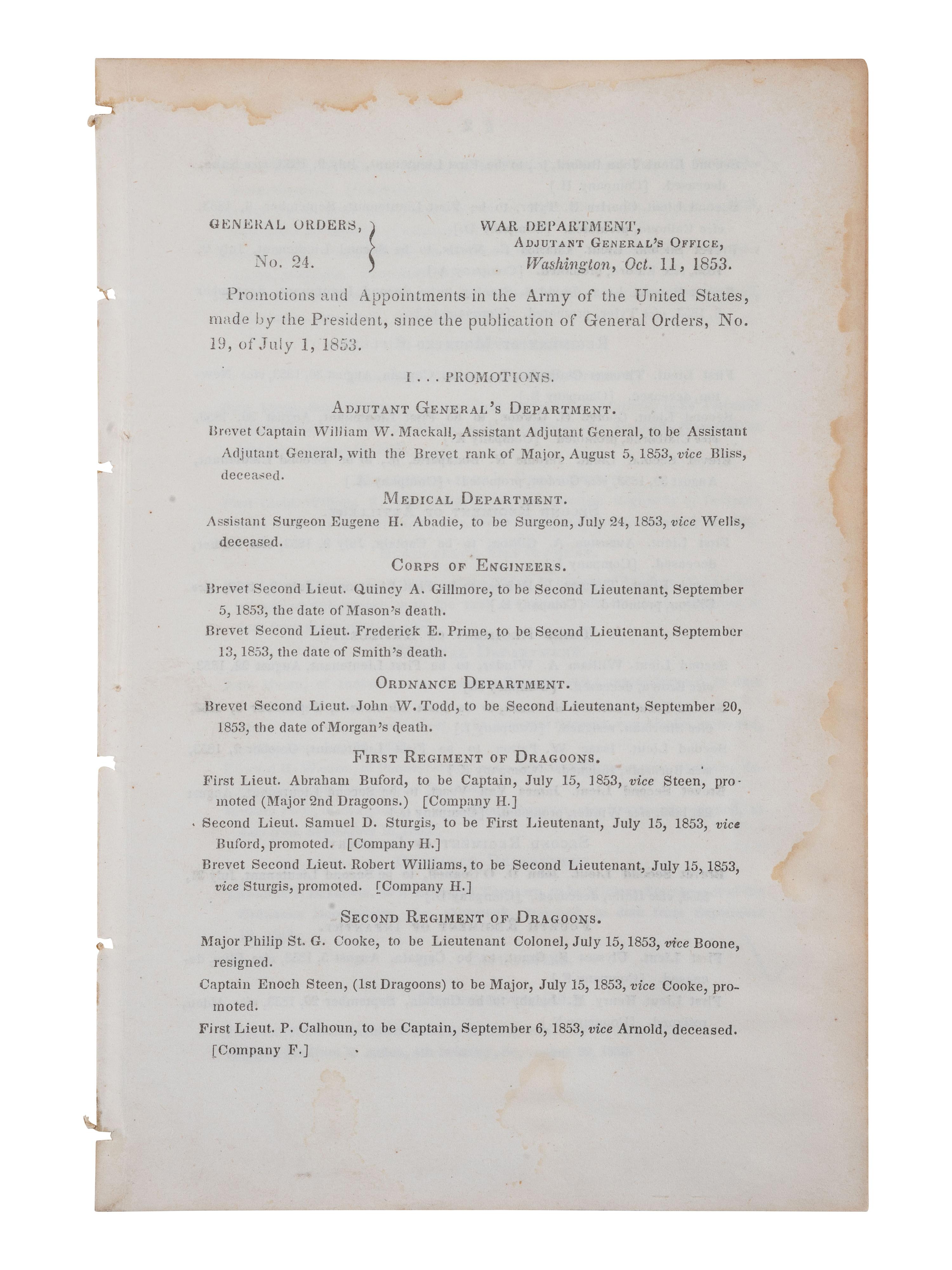 [CIVIL WAR]. War Dept. General Orders, No. 24, signed by future CSA General Samuel Cooper. 1853.