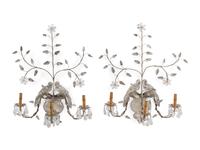 A Pair of Silvered Wood and Rock Crystal Three-Light Sconces, in the Style of Maison Baguès