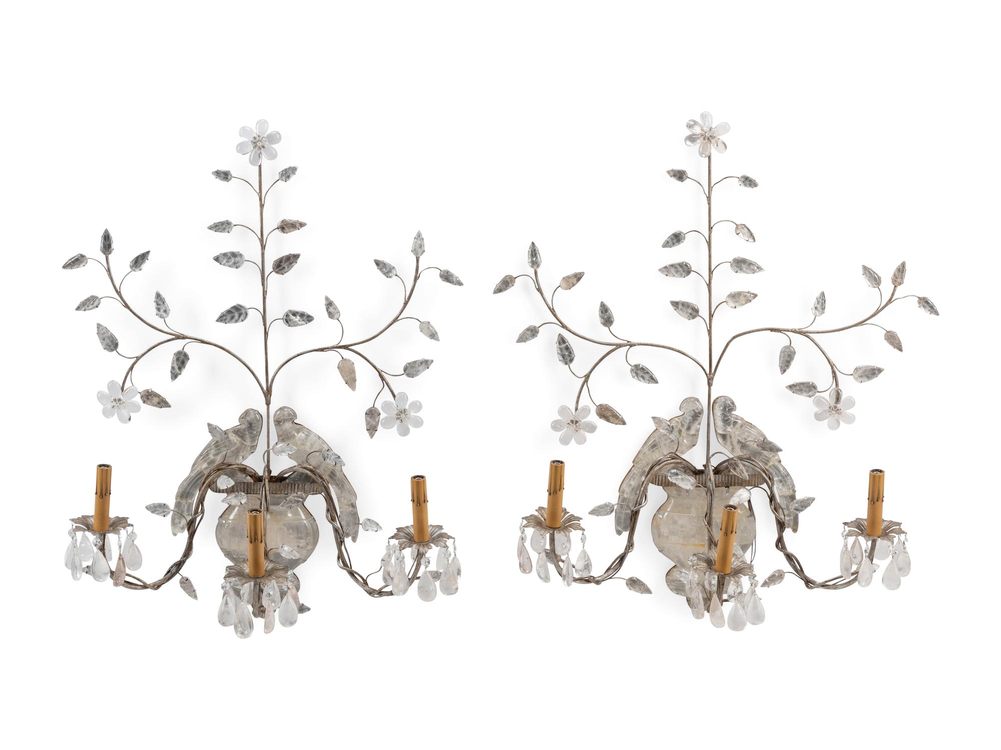 A Pair of Silvered Wood and Rock Crystal Three-Light Sconces, in the Style of Maison Baguès