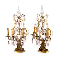 A Pair of French Gilt Metal and Cut Glass Three-Light Girandoles