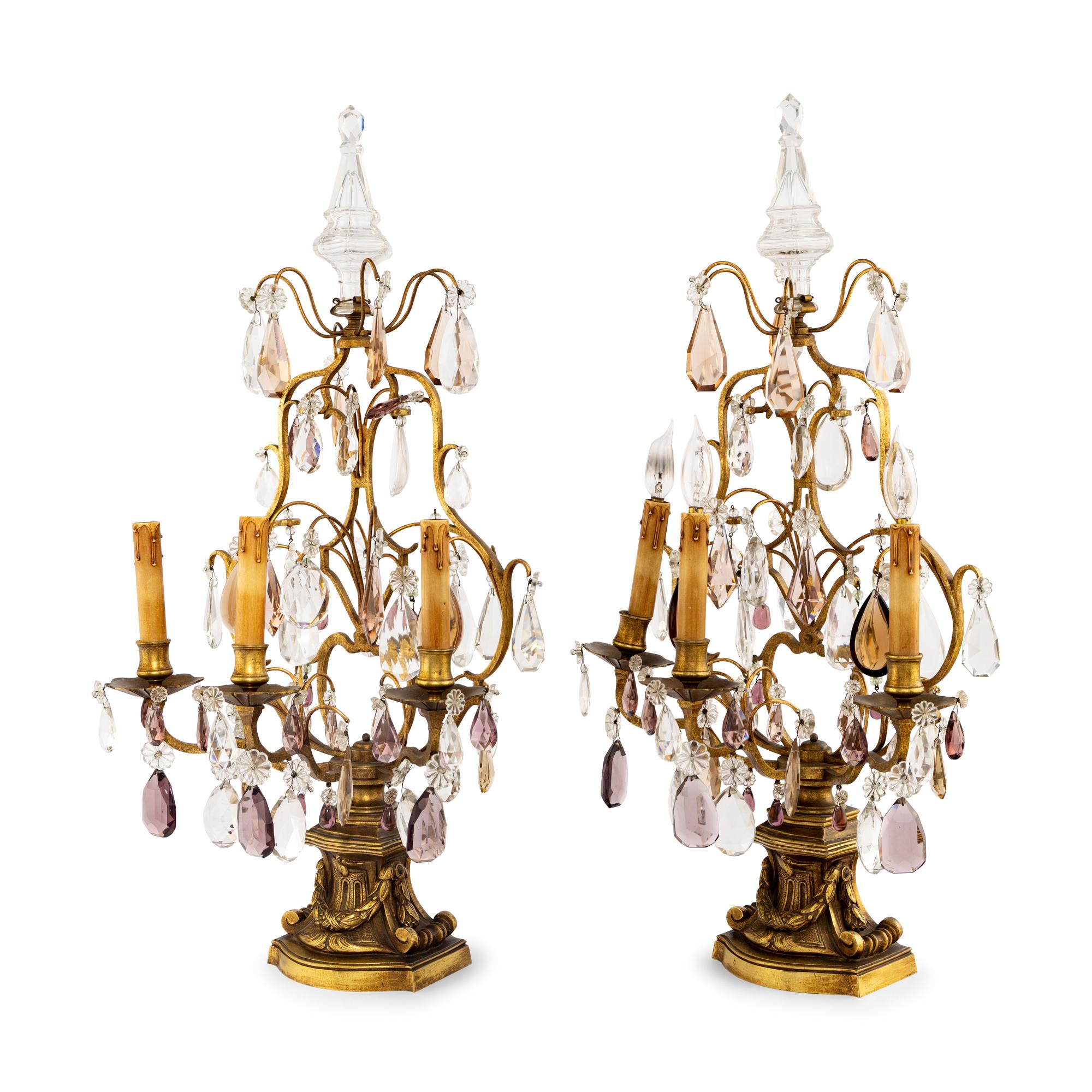A Pair of French Gilt Metal and Cut Glass Three-Light Girandoles