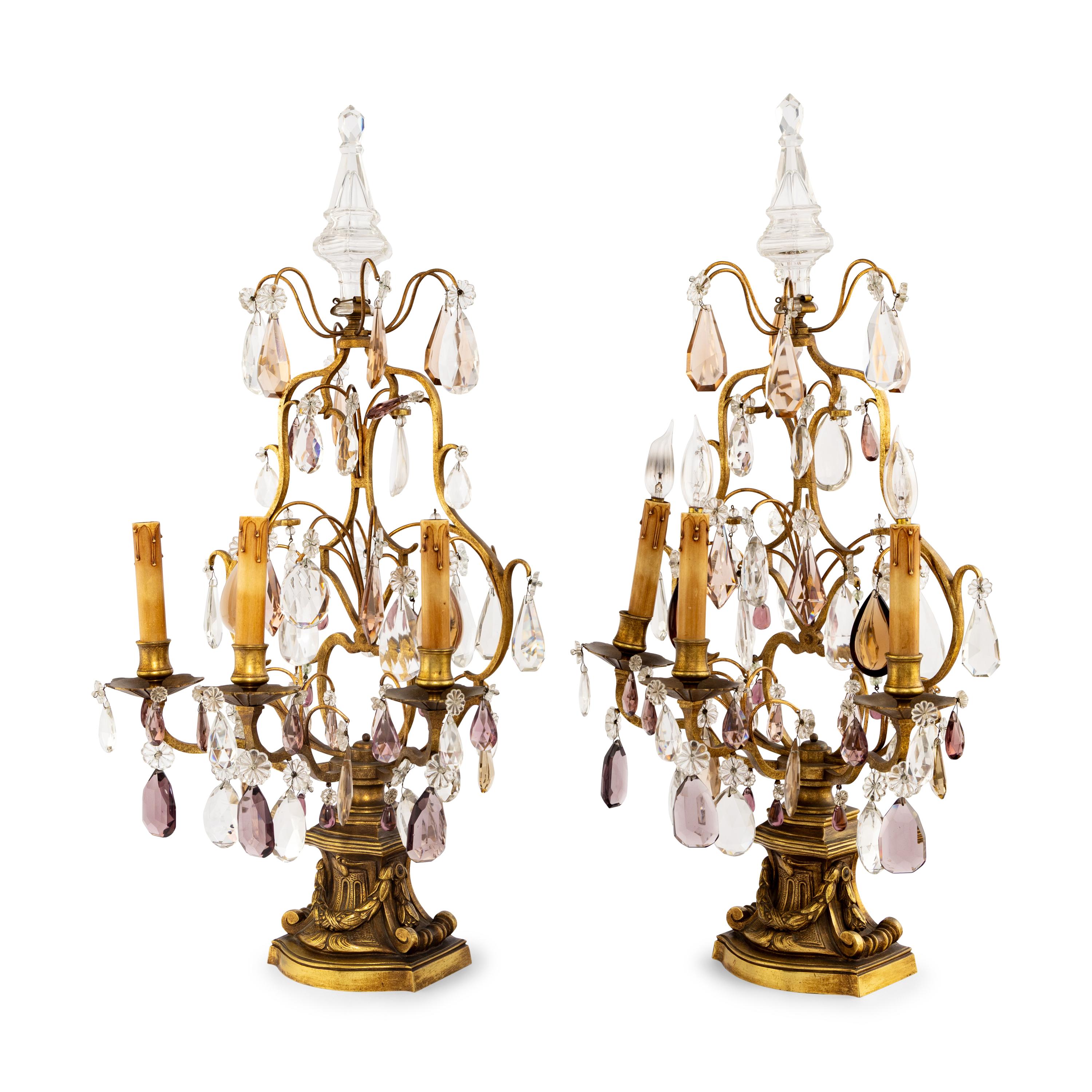 A Pair of French Gilt Metal and Cut Glass Three-Light Girandoles