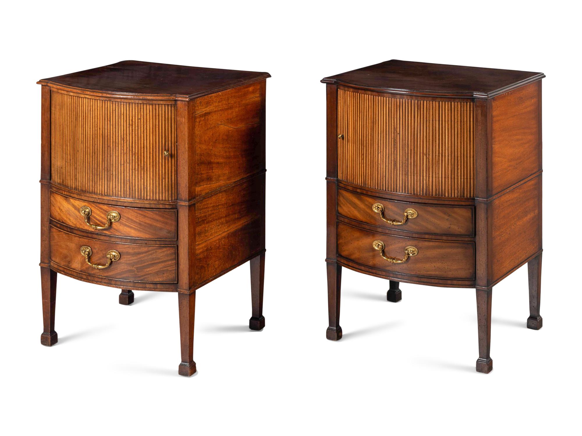 A Pair of George III Mahogany and Satinwood Bedside Cupboards