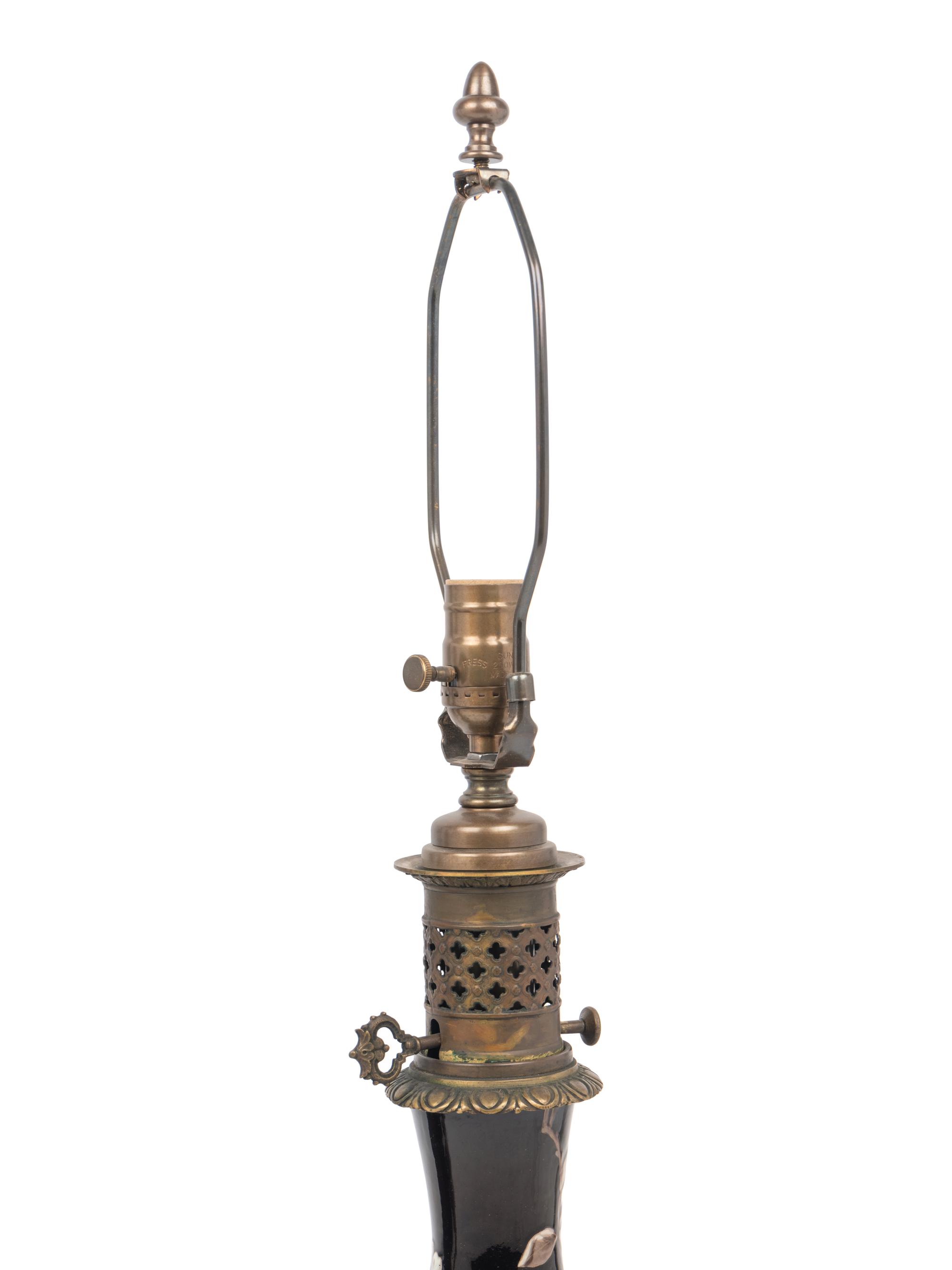 A Pair of French Enameled Porcelain Fluid Lamps Converted to Electricity