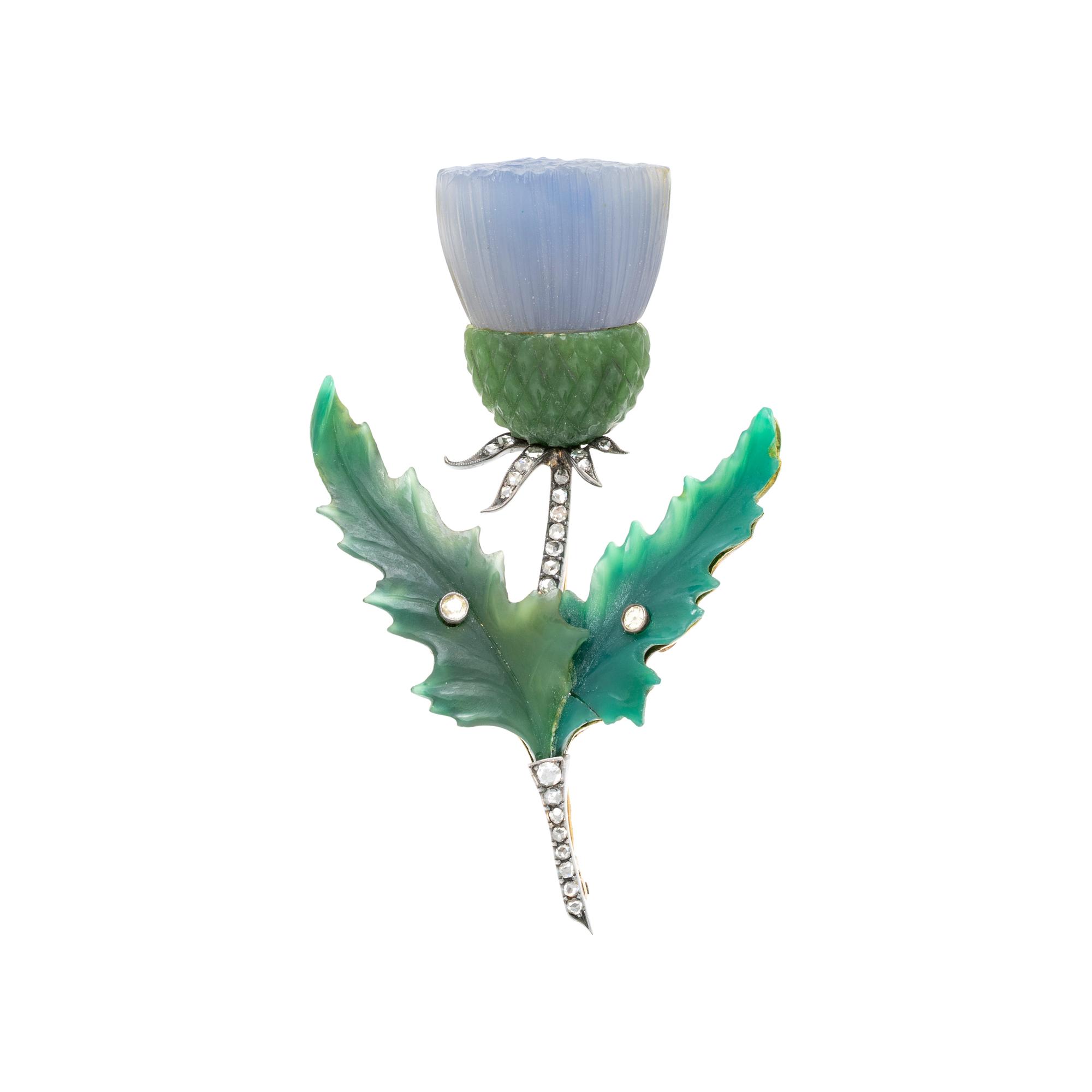 E. PALTSCHO, AUSTRIAN, ANTIQUE, HARDSTONE AND DIAMOND THISTLE BROOCH