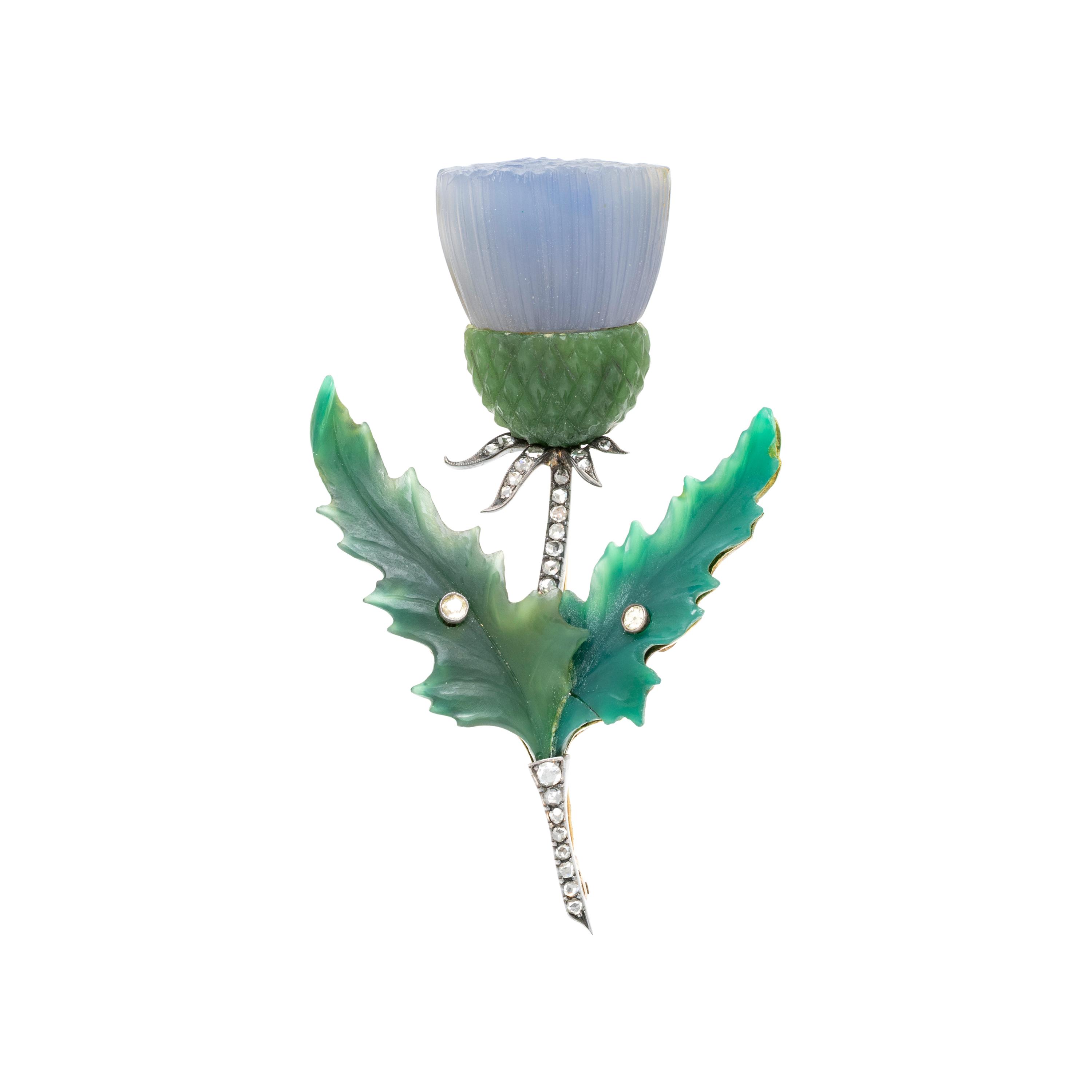 E. PALTSCHO, AUSTRIAN, ANTIQUE, HARDSTONE AND DIAMOND THISTLE BROOCH