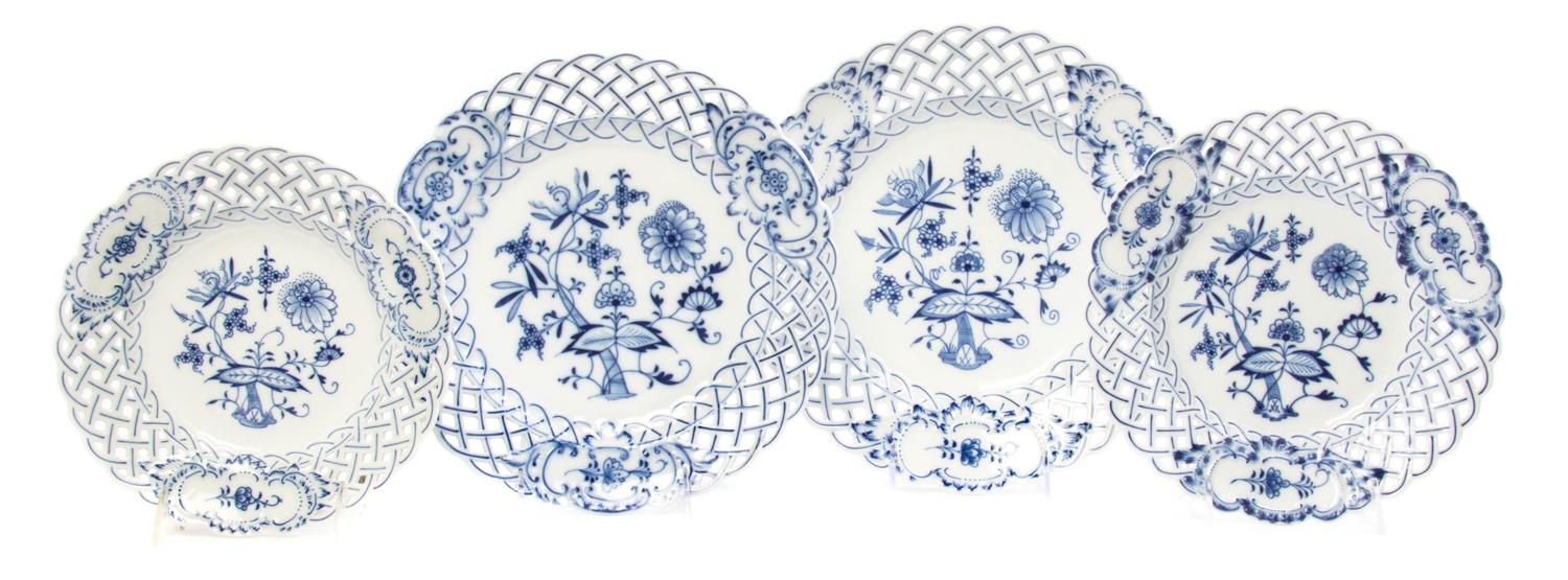 Three Meissen Blue Onion Porcelain Dishes, Diameter of largest 11 1/2 inches.