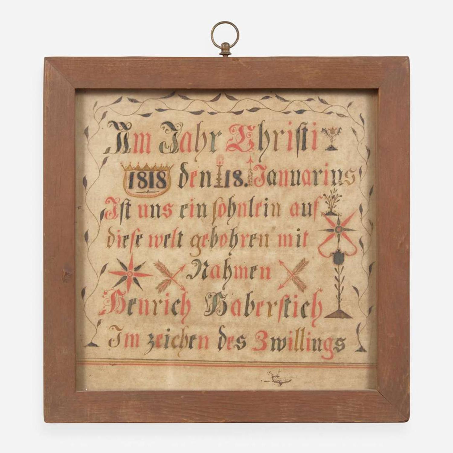 A Fraktur birth record for Heinrich Haberstich; Dated, "January 18, 1818"
