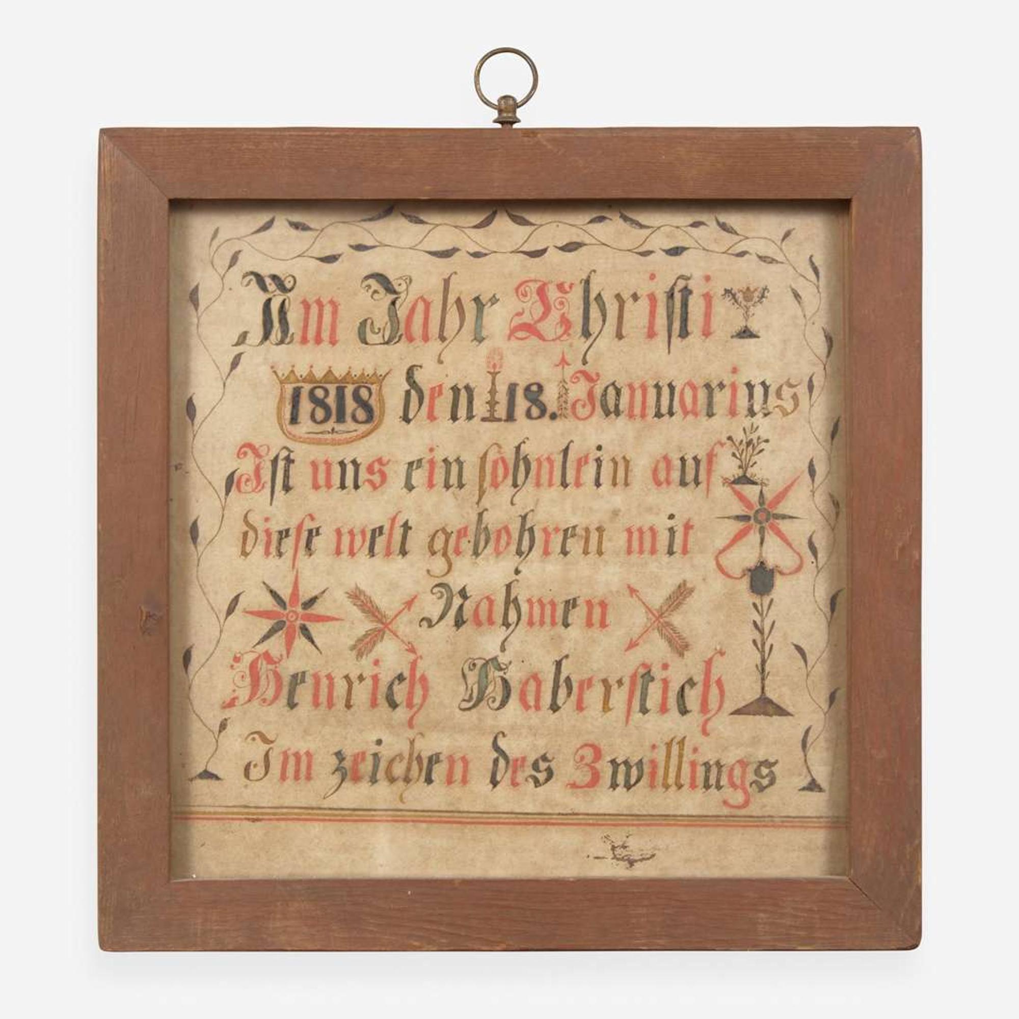 A Fraktur birth record for Heinrich Haberstich; Dated, "January 18, 1818"