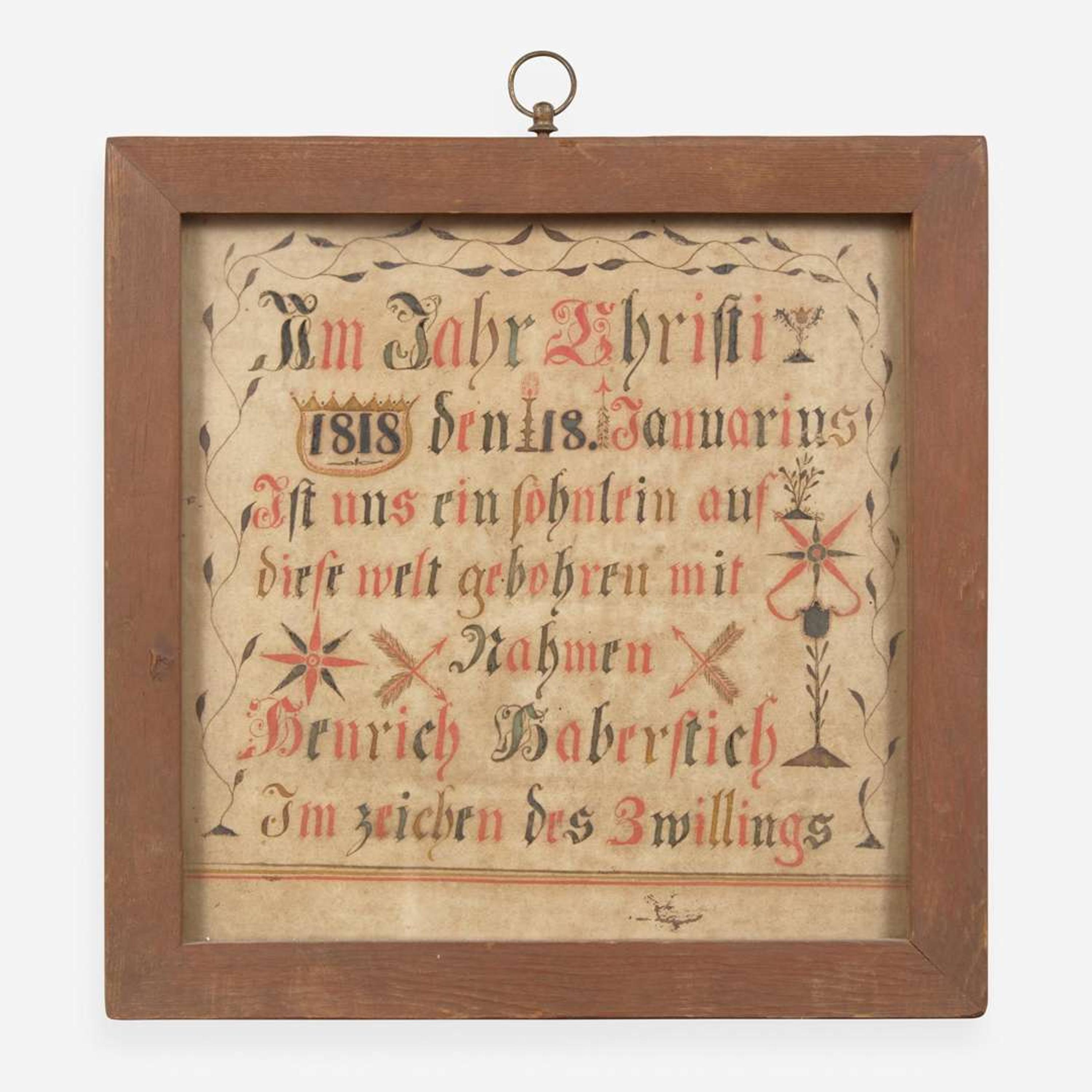 A Fraktur birth record for Heinrich Haberstich; Dated, "January 18, 1818"