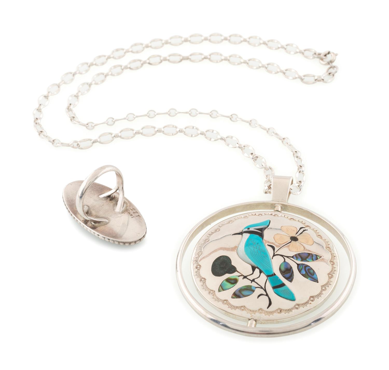 Silver and Mosaic Inlay Swivel Pendant, PLUS a Mosaic Inlay Ring