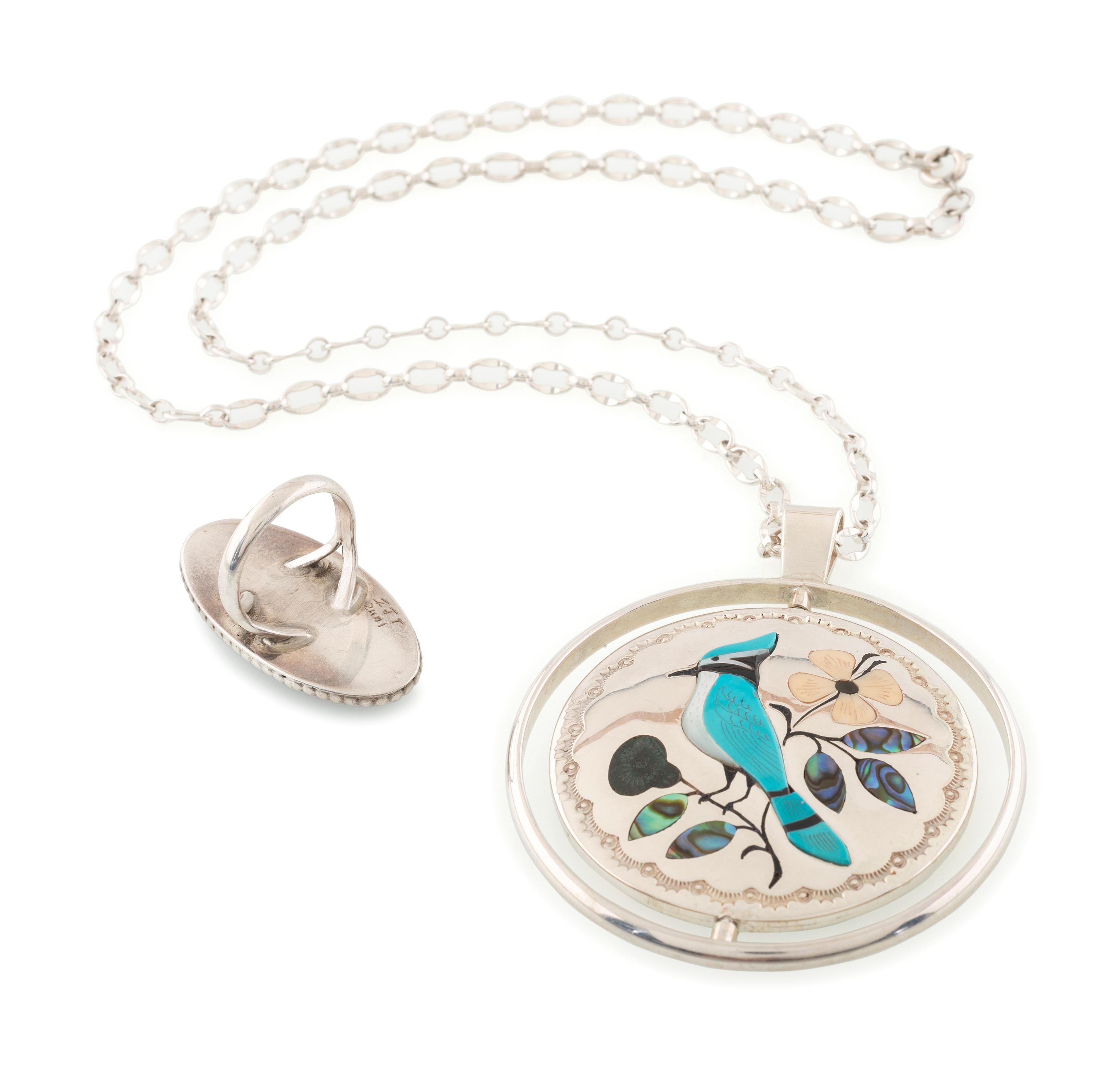 Silver and Mosaic Inlay Swivel Pendant, PLUS a Mosaic Inlay Ring