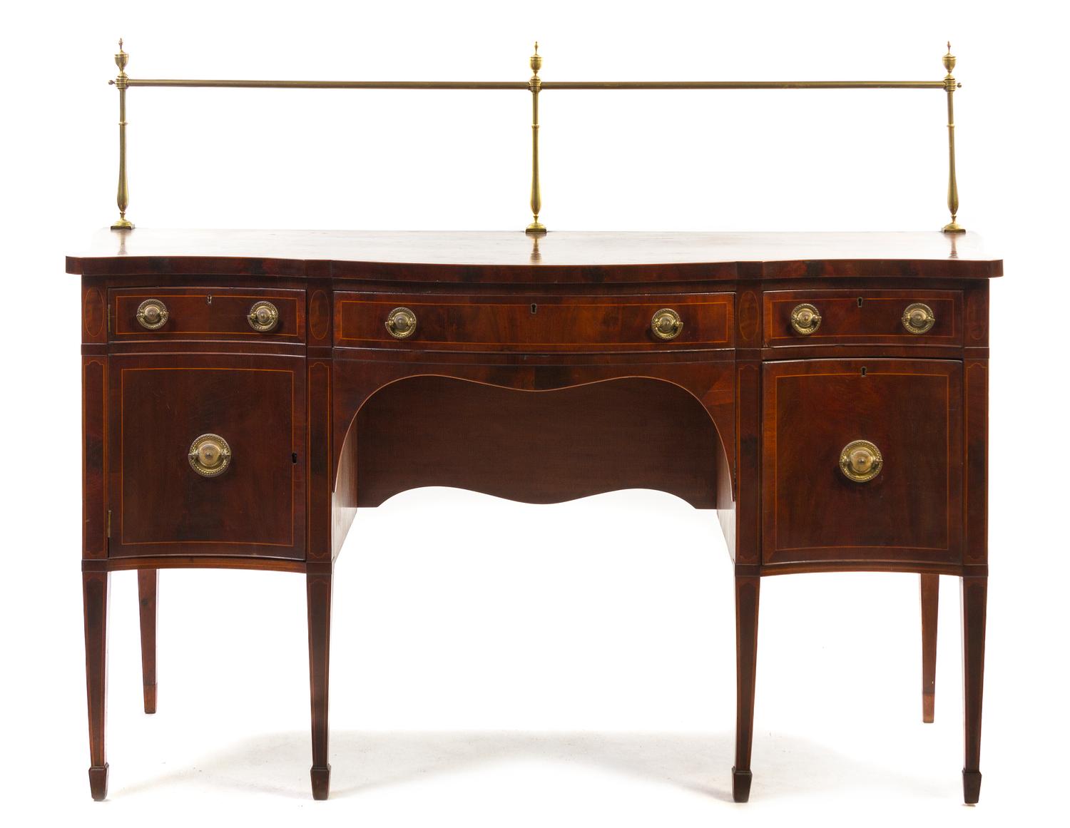 A George III Style Mahogany and Satinwood Sideboard, Height 37 x width 66 x depth 25 3/4 inches.