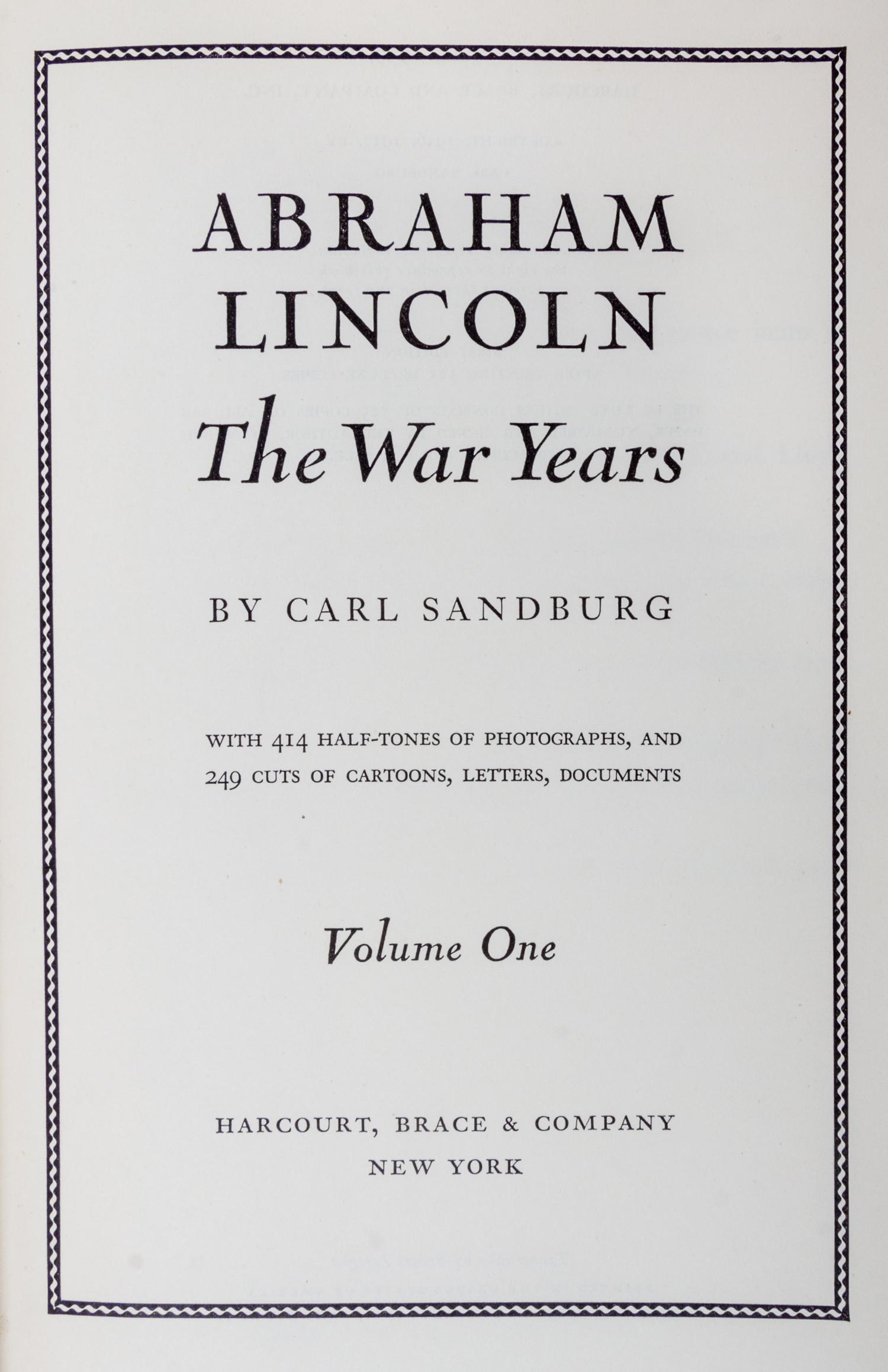 (LINCOLN, ABRAHAM) SANDBURG, CARL. The War Years. New York, 1939. 4 Volumes, First Edition.