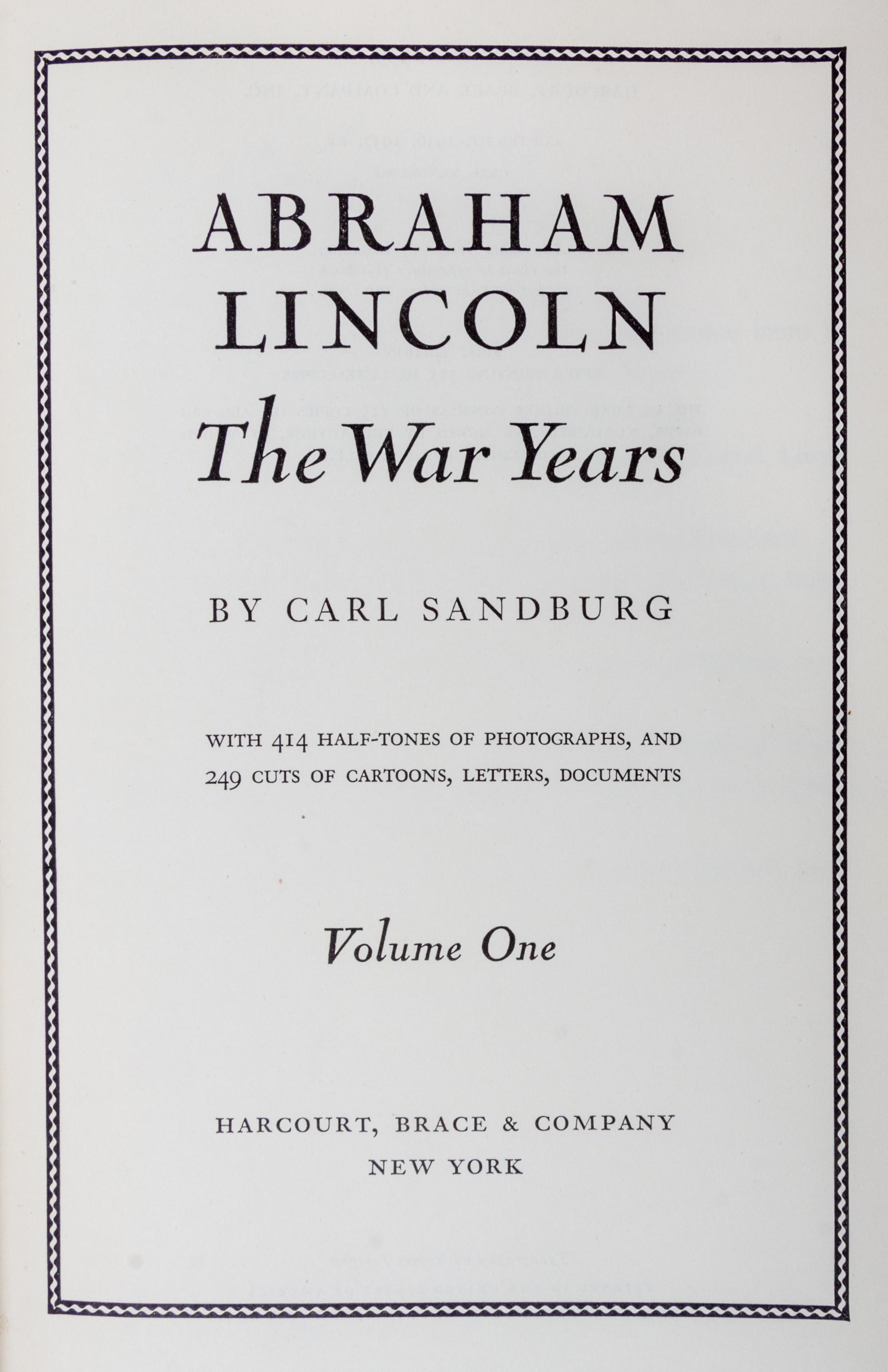 (LINCOLN, ABRAHAM) SANDBURG, CARL. The War Years. New York, 1939. 4 Volumes, First Edition.