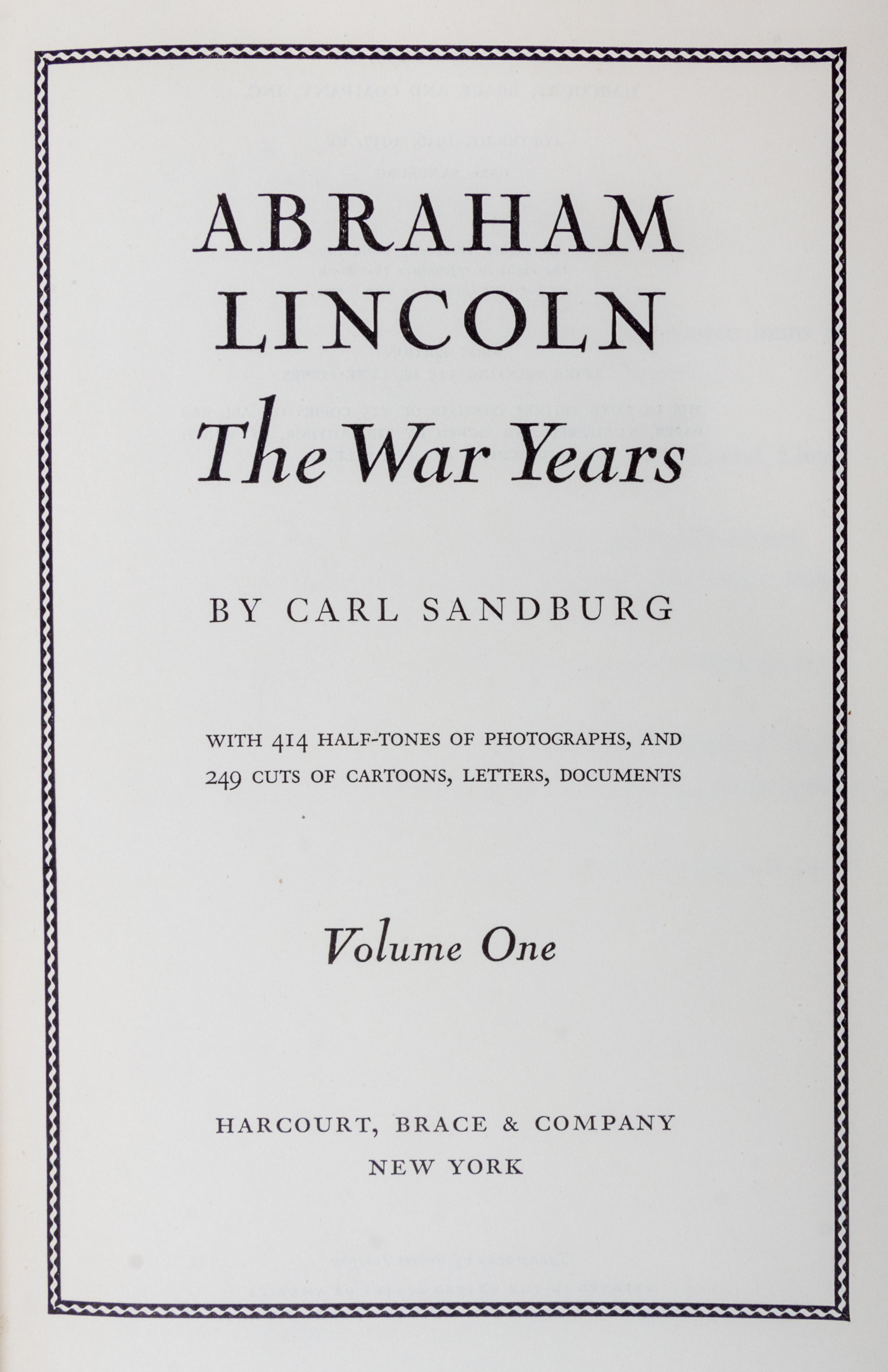 (LINCOLN, ABRAHAM) SANDBURG, CARL. The War Years. New York, 1939. 4 Volumes, First Edition.