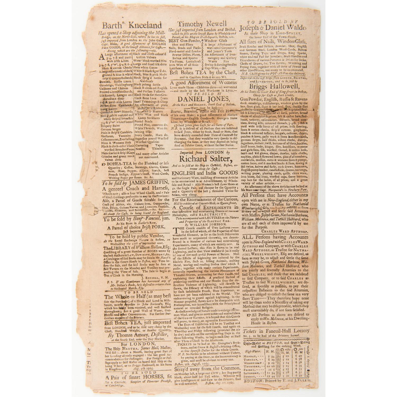 Colonial America and the British Mercantile System of Economics Discussed in The Boston Evening Post , 1765