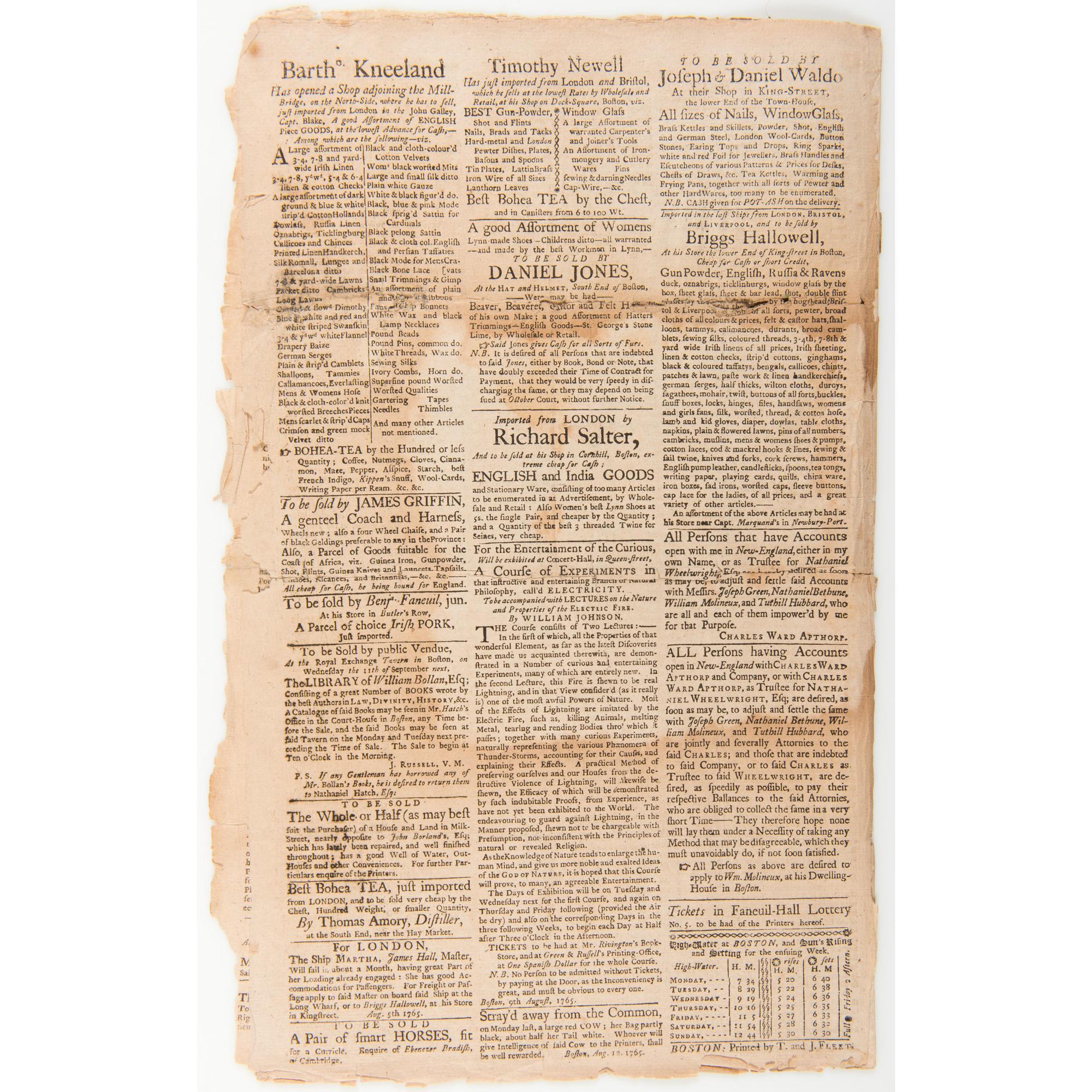 Colonial America and the British Mercantile System of Economics Discussed in The Boston Evening Post , 1765