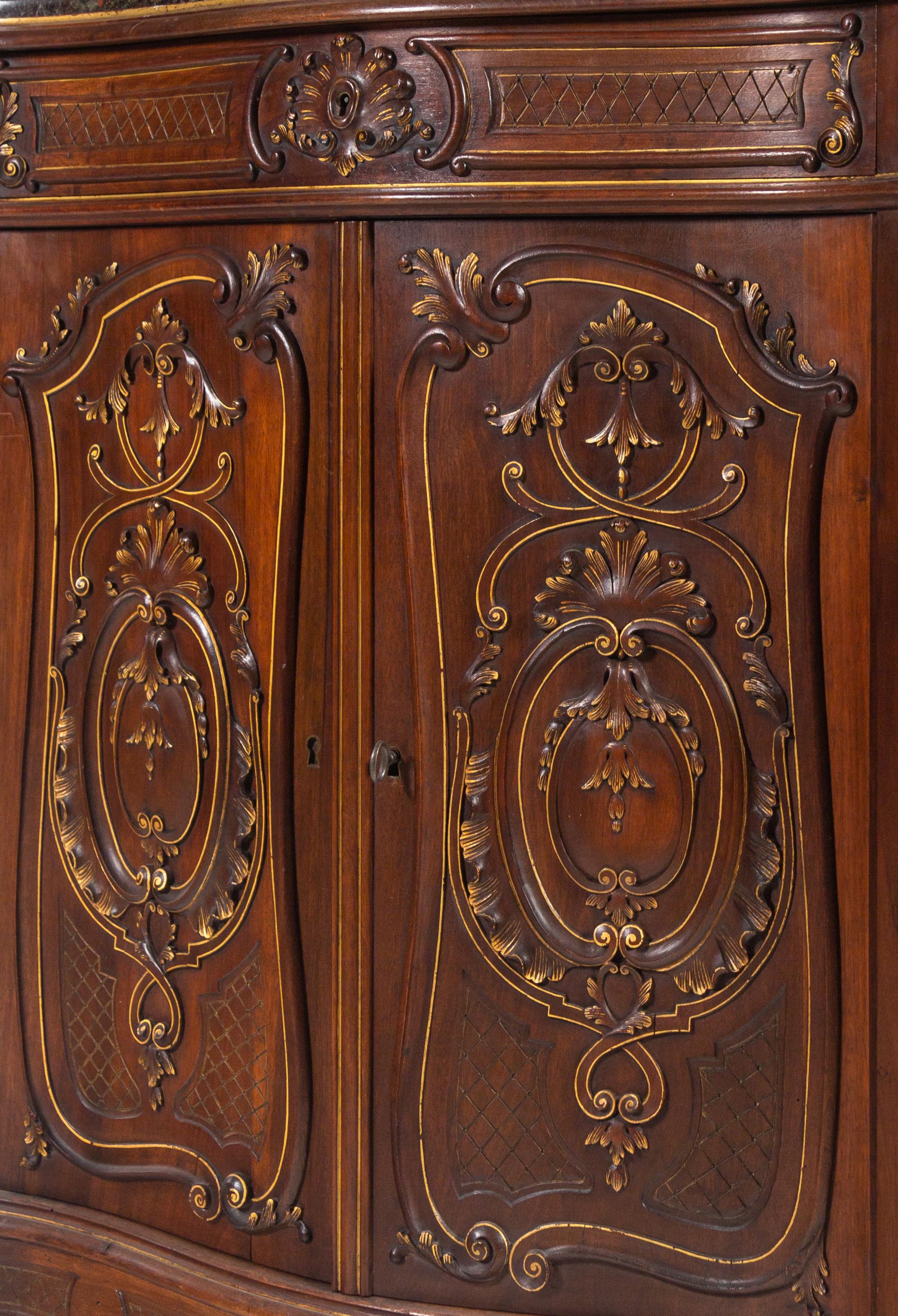 An Italian Carved Walnut Marble-Top Cabinet in the Louis XV Taste
