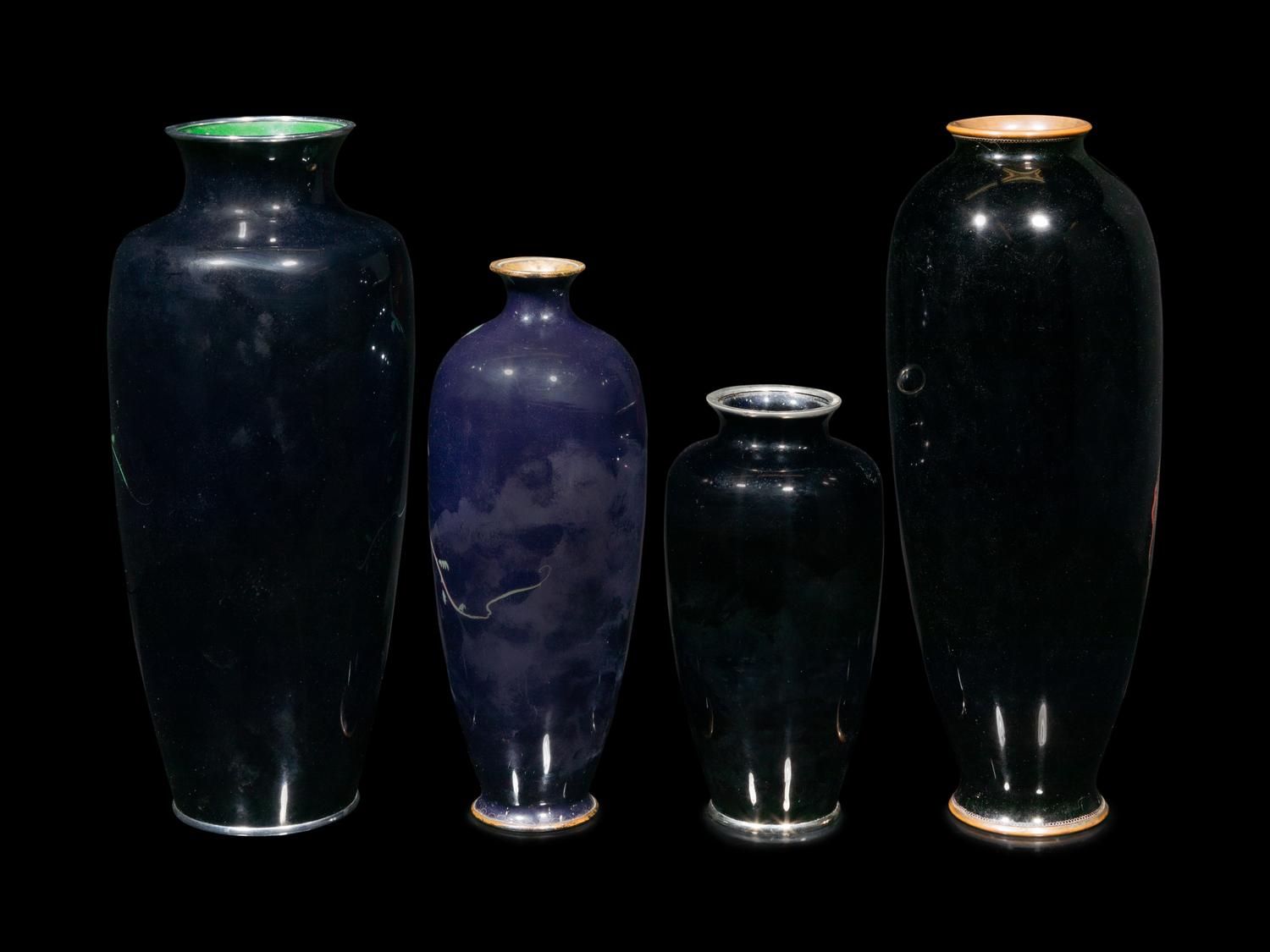 Four Japanese Black Ground Cloisonné Vases