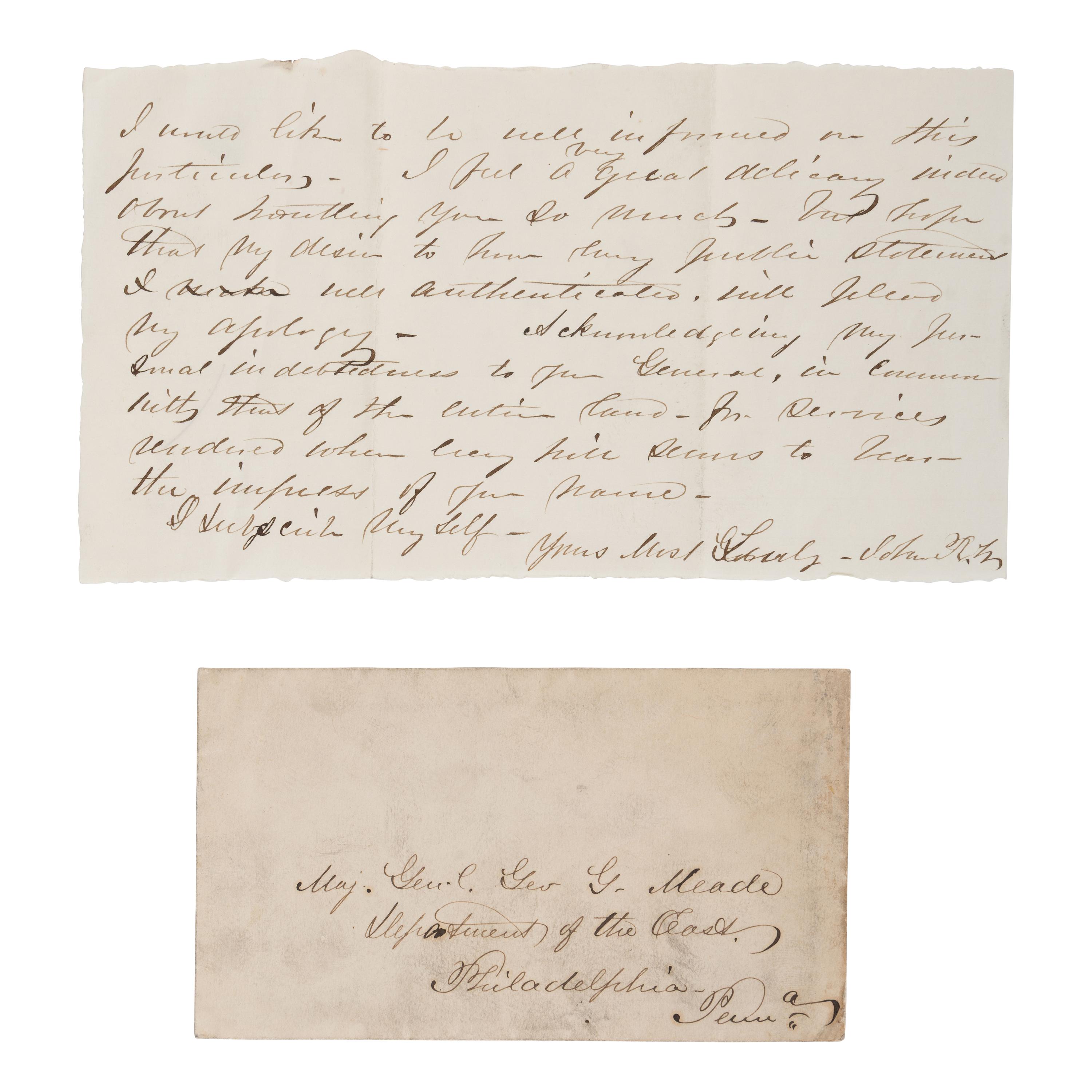 [Civil War - Gettysburg]. Warner, John Riddle (1827-1894). Autograph letter signed ("John R.W.") to General George Meade, [Gettysburg, PA, ca 1863].