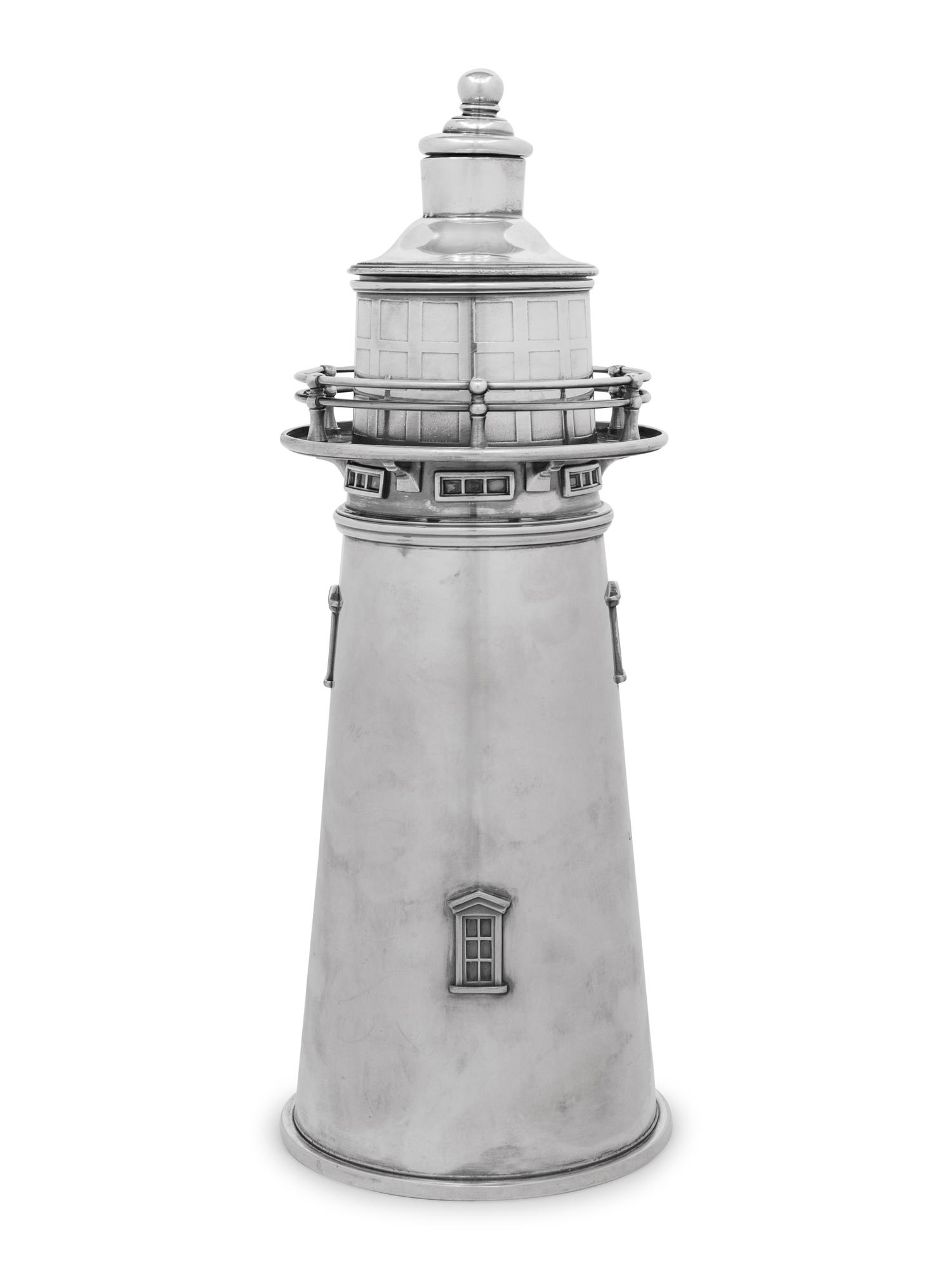 An American Silver-Plate Lighthouse Cocktail Shaker with Music Box