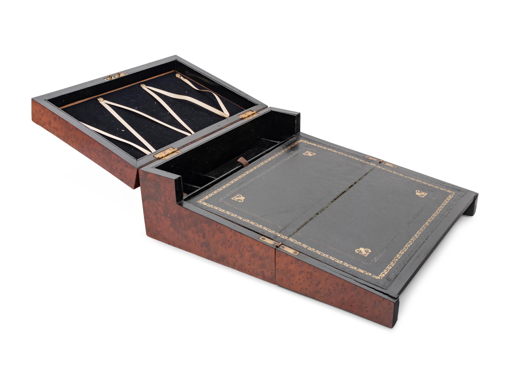A Late Regency Mother-of-Pearl and Brass Inlaid Burlwood Writing Slope