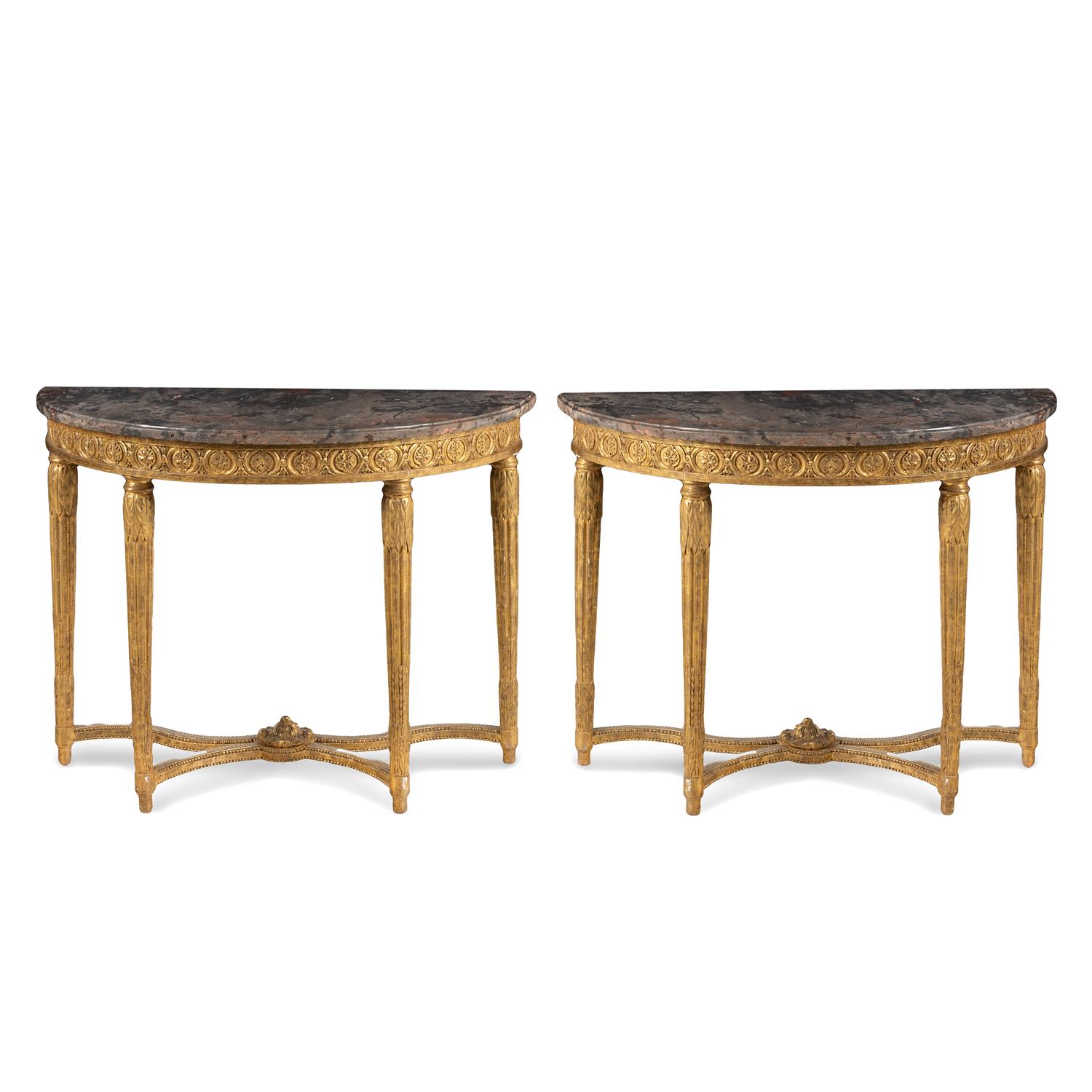 A Pair of Louis XVI Carved Giltwood and Marble-Top Console Tables