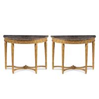 A Pair of Louis XVI Carved Giltwood and Marble-Top Console Tables