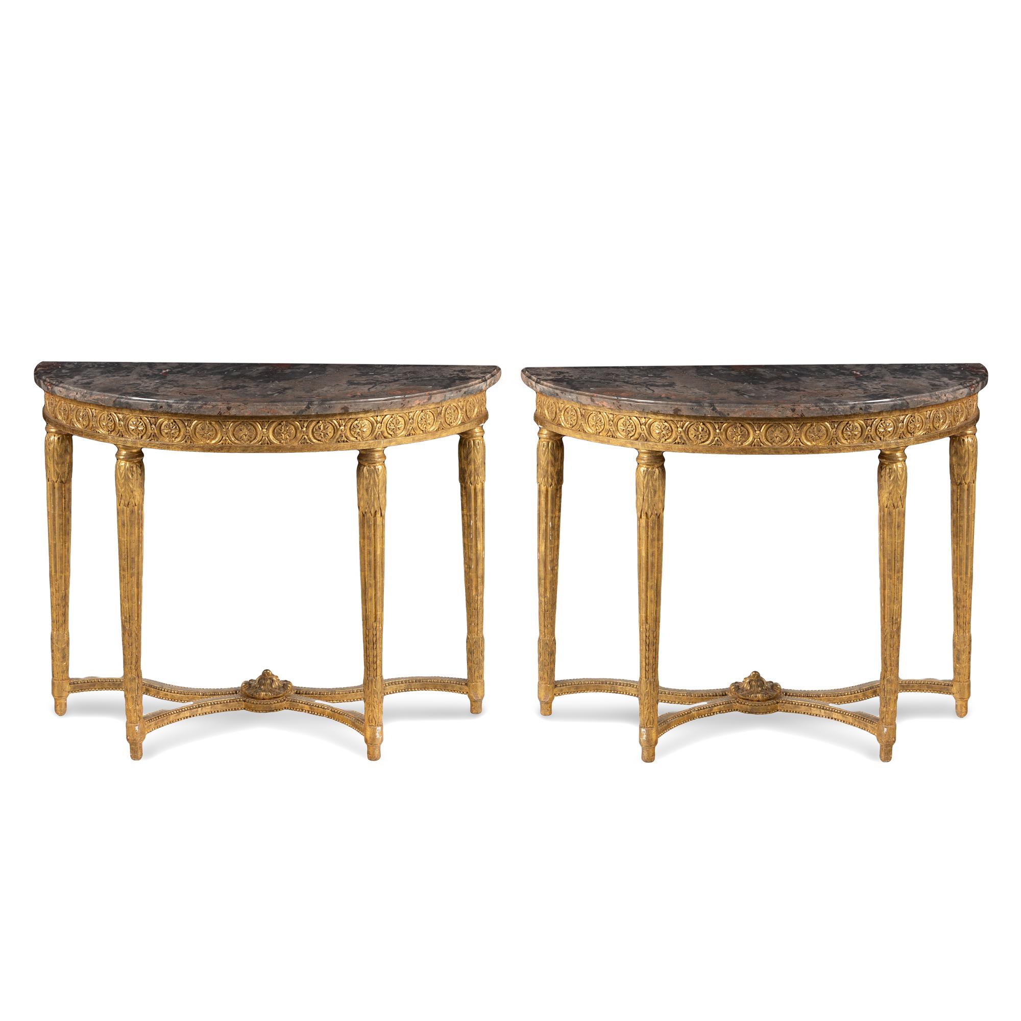 A Pair of Louis XVI Carved Giltwood and Marble-Top Console Tables