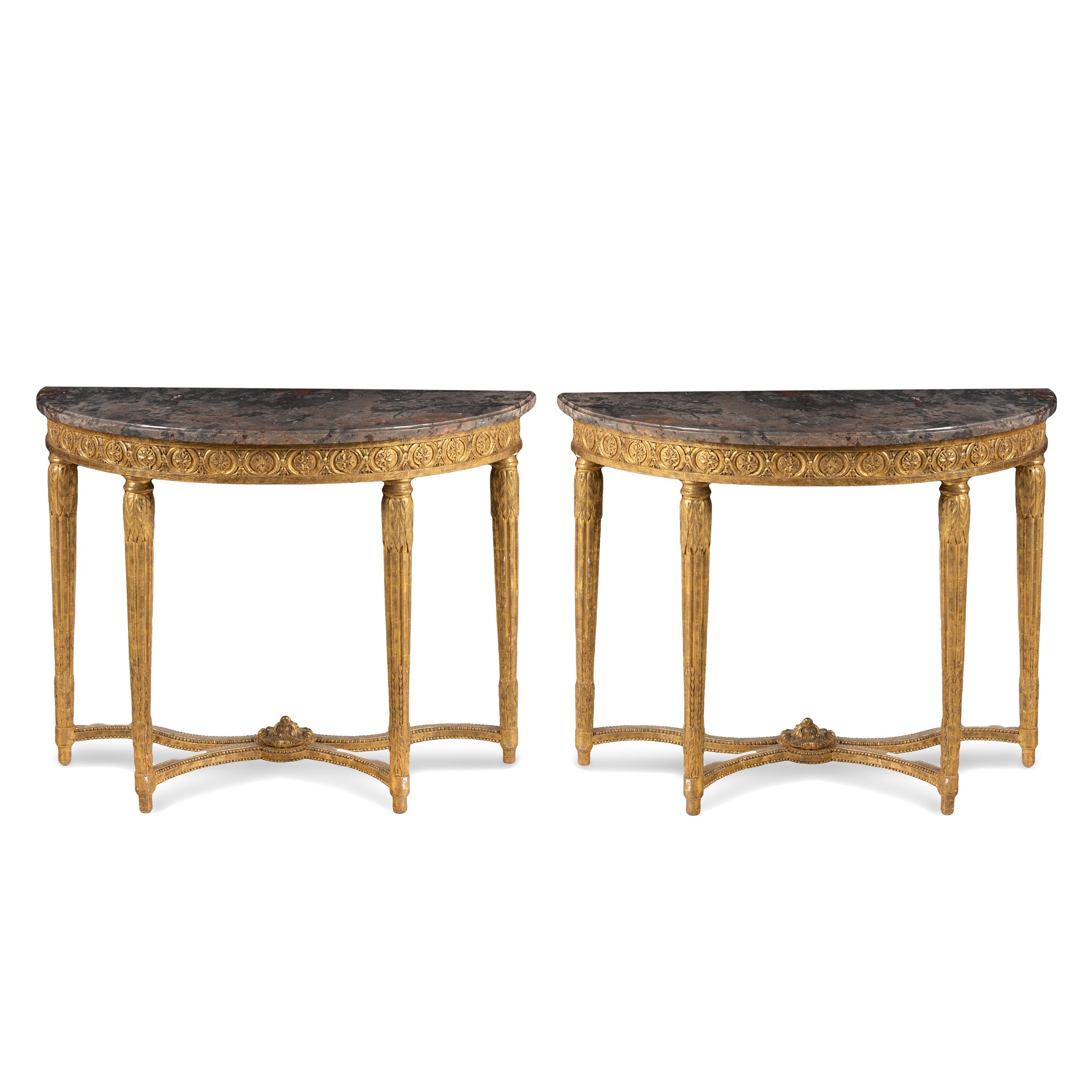 A Pair of Louis XVI Carved Giltwood and Marble-Top Console Tables