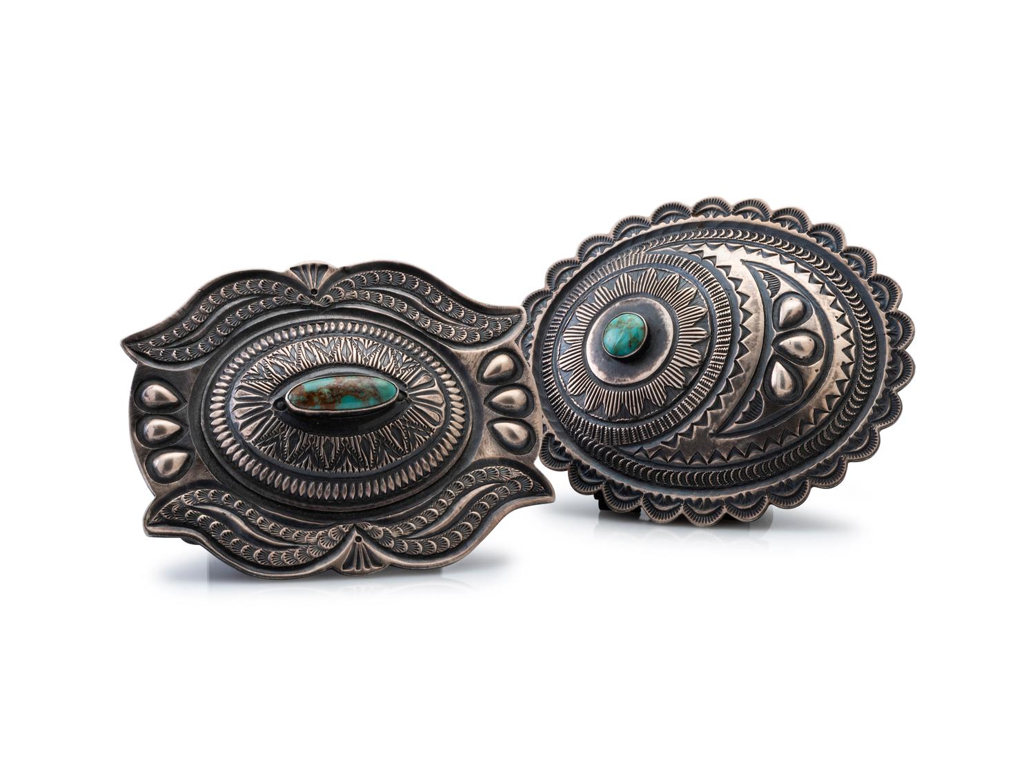 Pair of Sterling Silver and Turquoise Belt Buckles