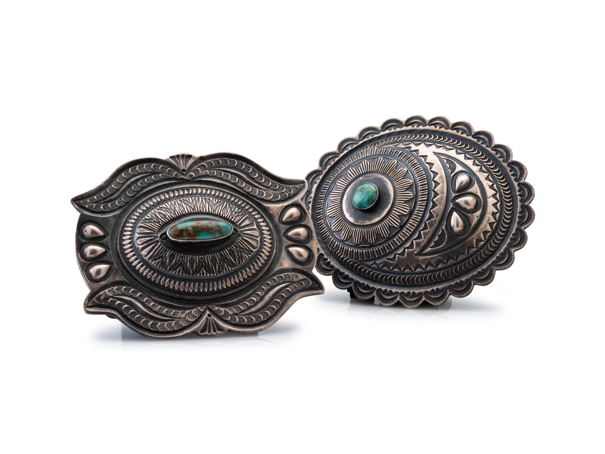 Pair of Sterling Silver and Turquoise Belt Buckles