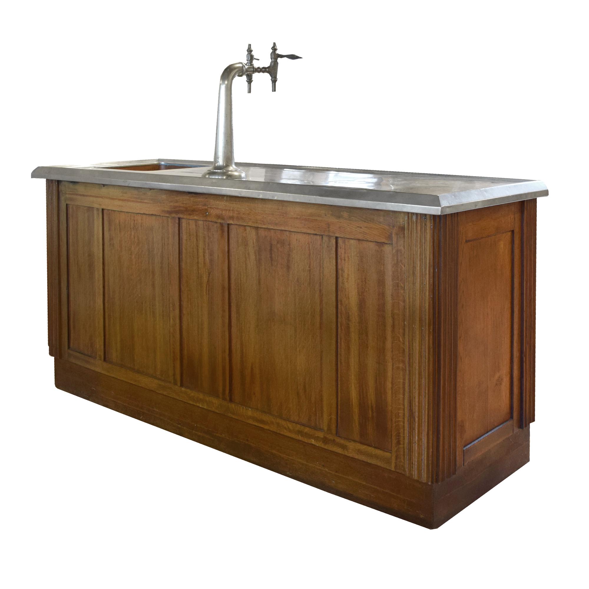 An Oak, Stainless Steel and Copper Cafe Bar 77.25" W x 26" D x 56" H — France, Circa 1920