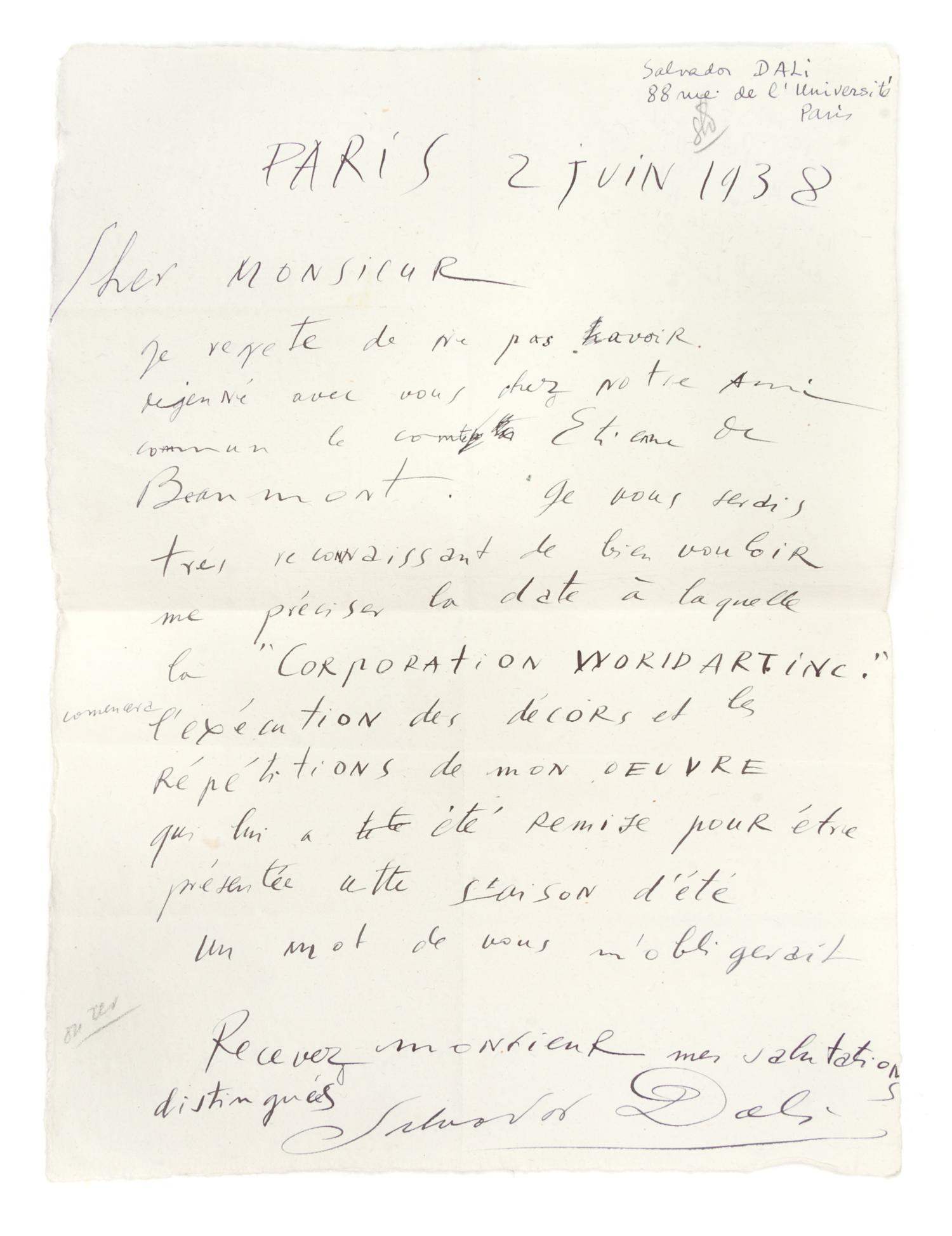DALI, SALVADOR. Autographed letter signed. Dated June 2, 1938. Paris.