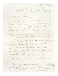 DALI, SALVADOR. Autographed letter signed. Dated June 2, 1938. Paris.