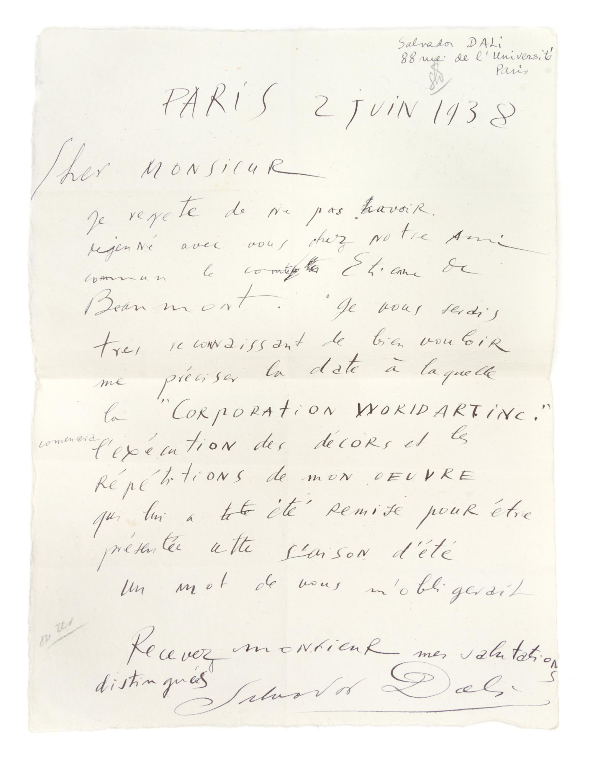 DALI, SALVADOR. Autographed letter signed. Dated June 2, 1938. Paris.