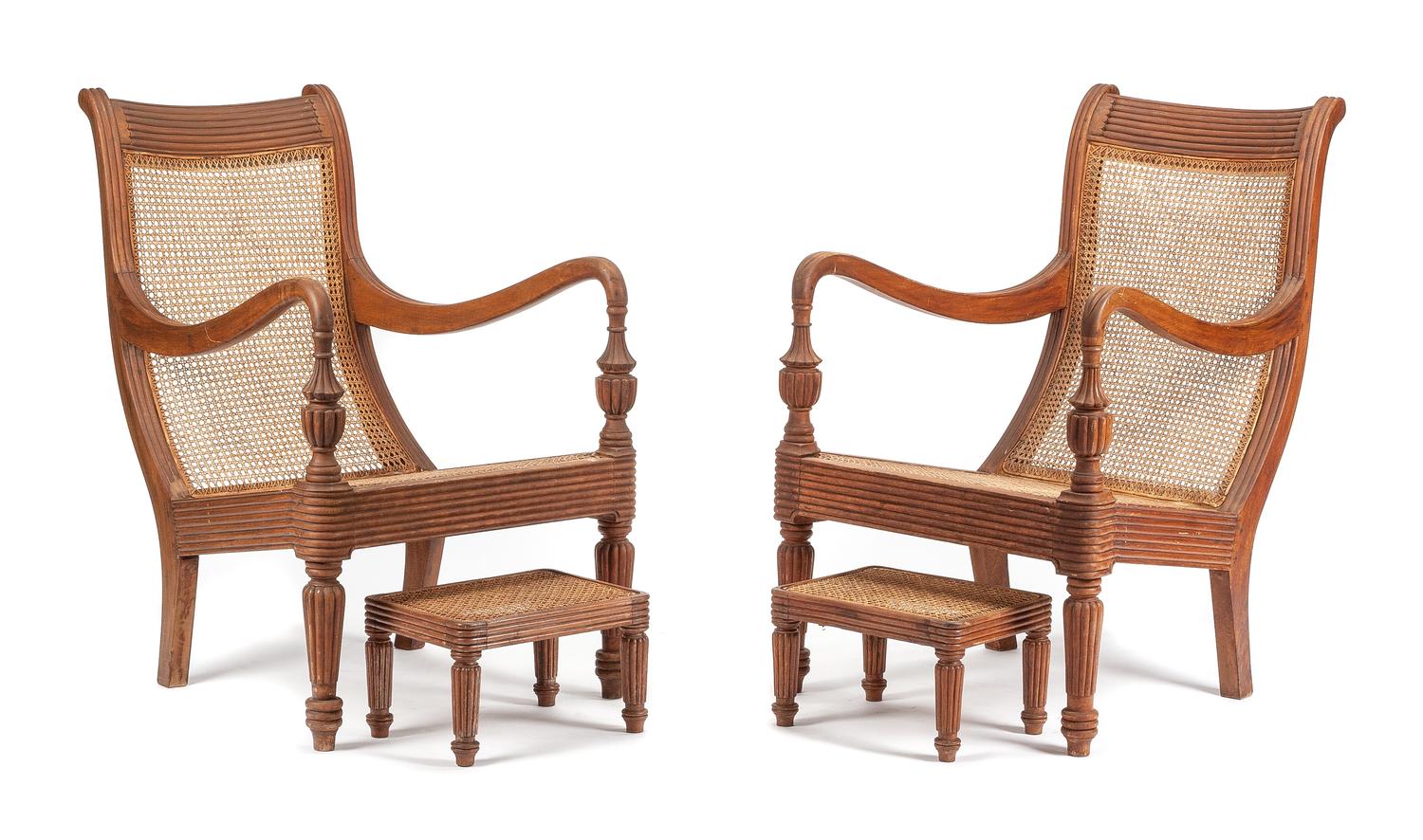 A Pair of Anglo-Colonial Caned Armchairs Height of armchair 39 x width 26 x depth 34 inches. — 19TH CENTURY