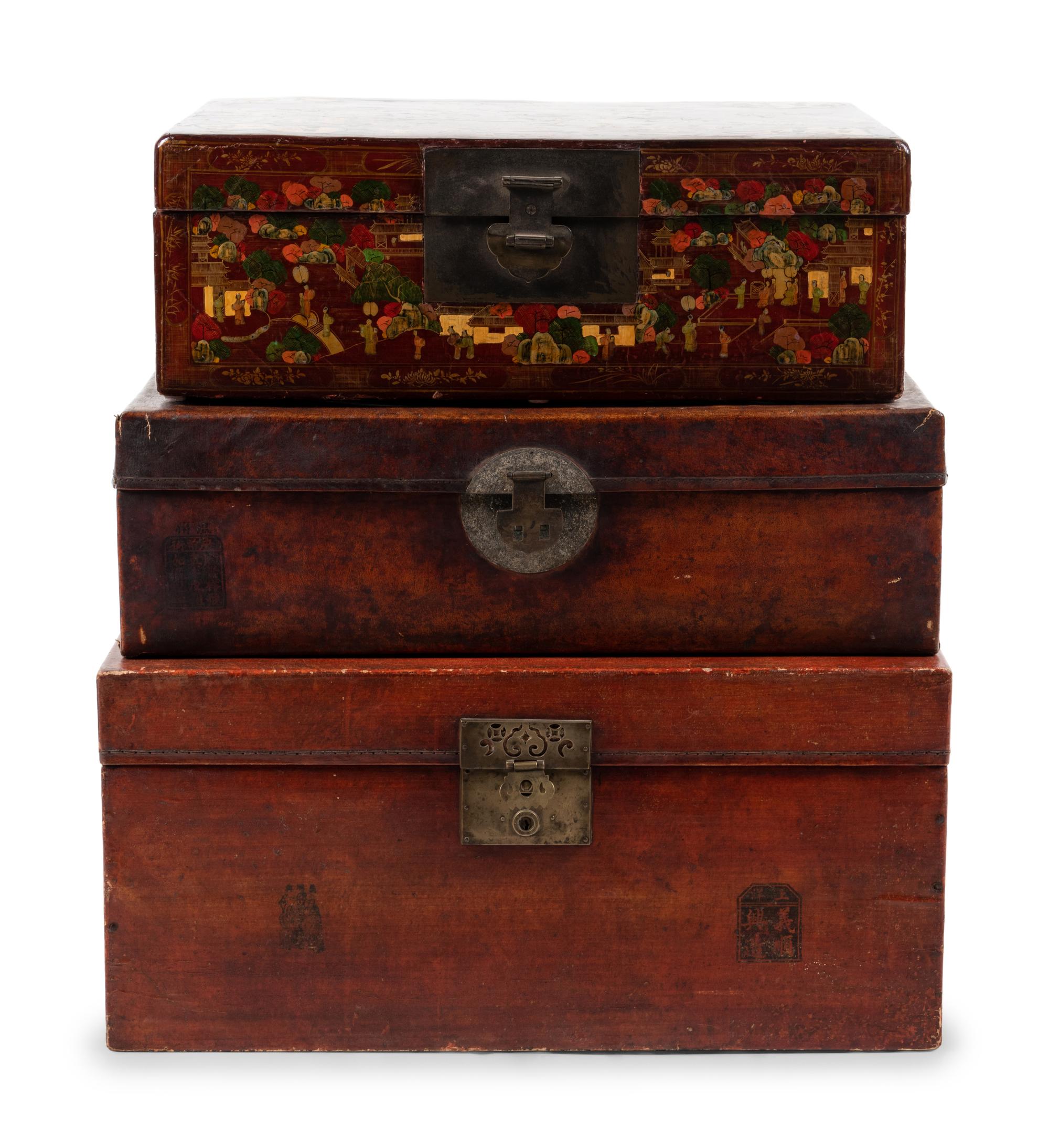 Three Chinese Export Leather-Veneered Trunks