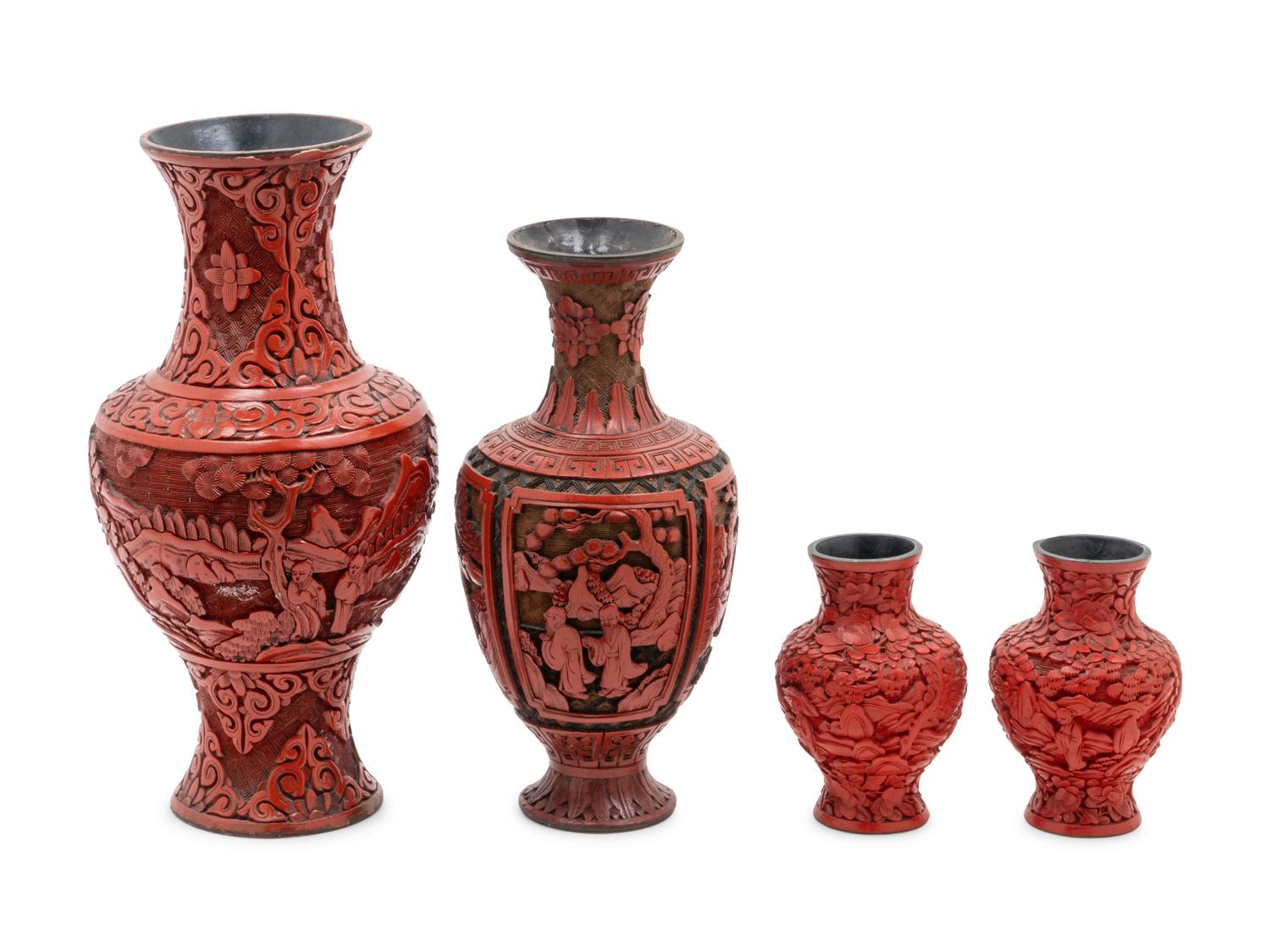 Four Chinese Cinnabar Red Lacquer Vases